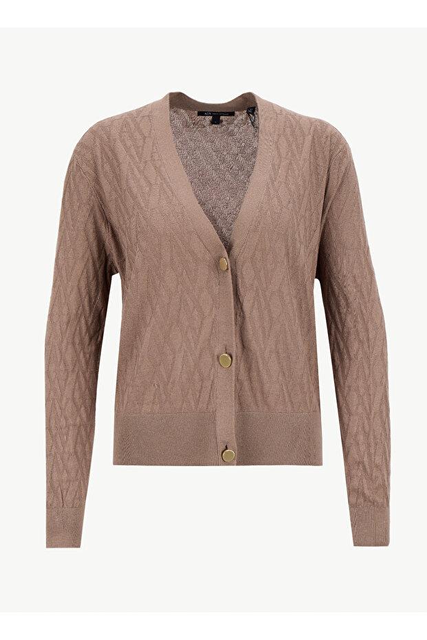 Armani Exchange Armani Exchange Kadın Normal Kalıp V Yaka AX Logo Detaylı Uzun Kollu Kahverengi Hırka XW001315 AF16619-F1039