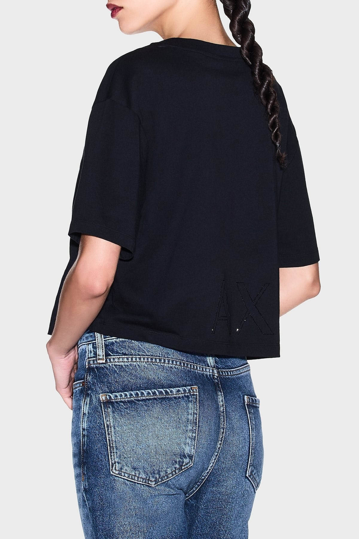 Armani Exchange Armani Exchange Kadın Kısa Kol Bisiklet Yaka Bel Kısmı Büyük ARMANI Yazı Desen Pamuklu Siyah T-Shirt XW001709 AF17172-UC001