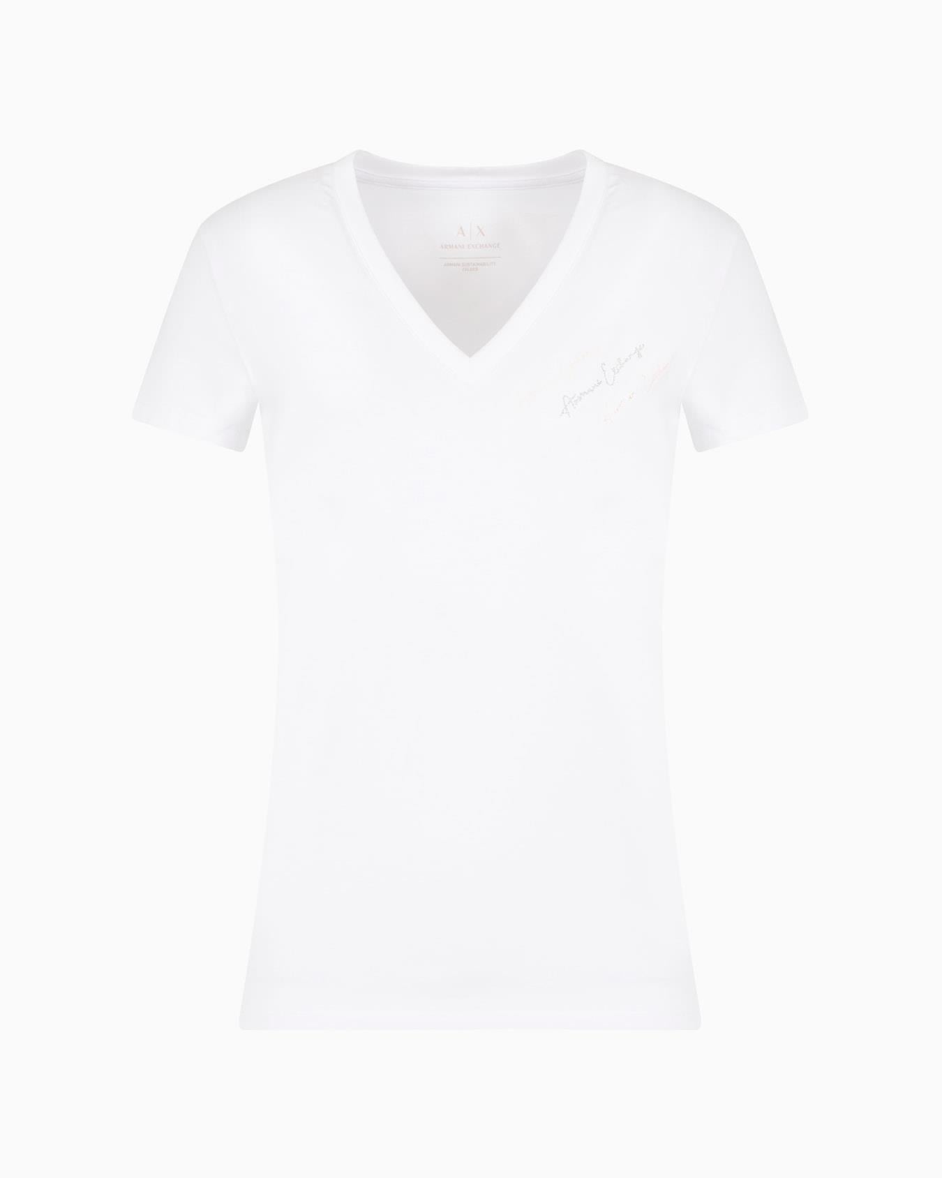 ARMANI EXCHANGE Armani Exchange Kadın Kısa Kollu V Yaka Dokuma Kumaş Beyaz T-Shirt XW000600 AF10355-U0002