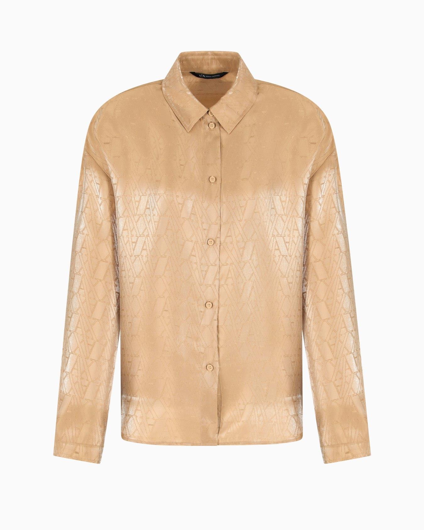 ARMANI EXCHANGE Armani Exchange Kadın Uzun Kollu Düğme Kapamalı Parlak Kumaş AX Yazı Desenli Bej Gömlek XW000567 AF12055-F1018
