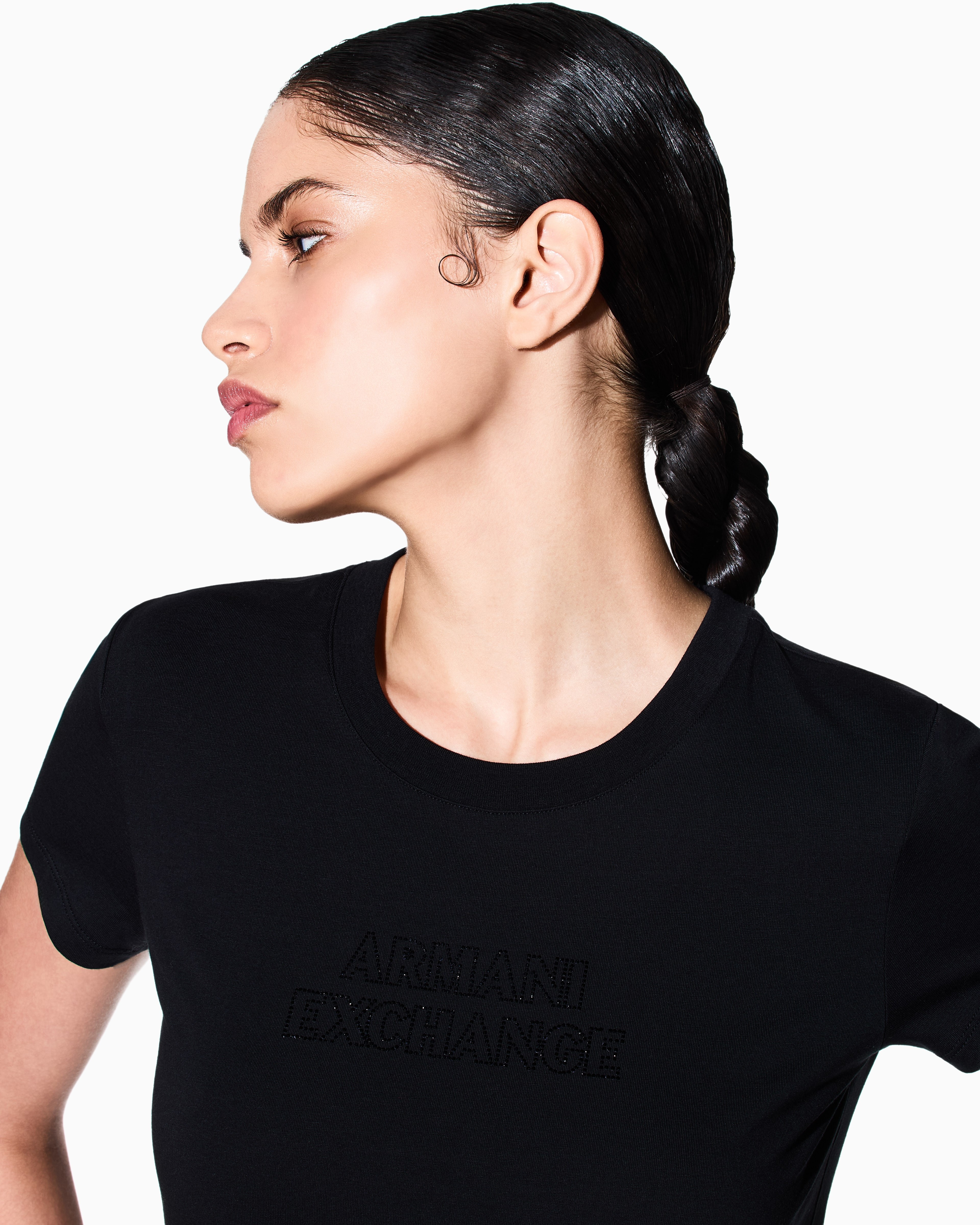 Armani Exchange Armani Exchange Kadın Yuvarlak Yaka Pamuklu Kısa Kol Logo Yazı Desenli Siyah T-Shirt XW002293 AF17173-UC001
