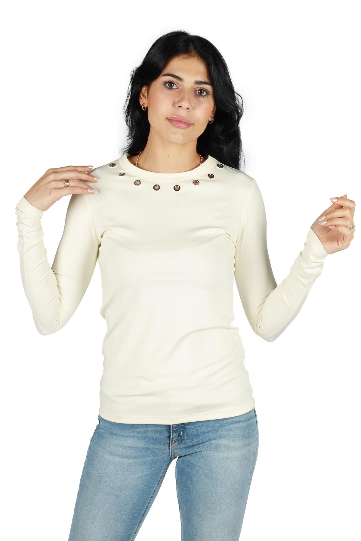 Berrin Berrin Kadın Pamuklu Regular Fit Yuvarlak Yaka Ekru Bluz IBR7108-EKRU