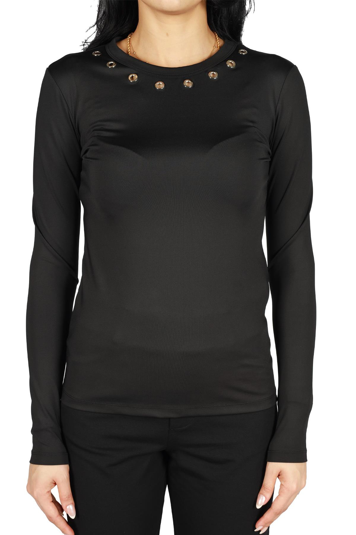 Berrin Berrin Kadın Pamuklu Regular Fit Yuvarlak Yaka Siyah Bluz IBR7108-SİYAH