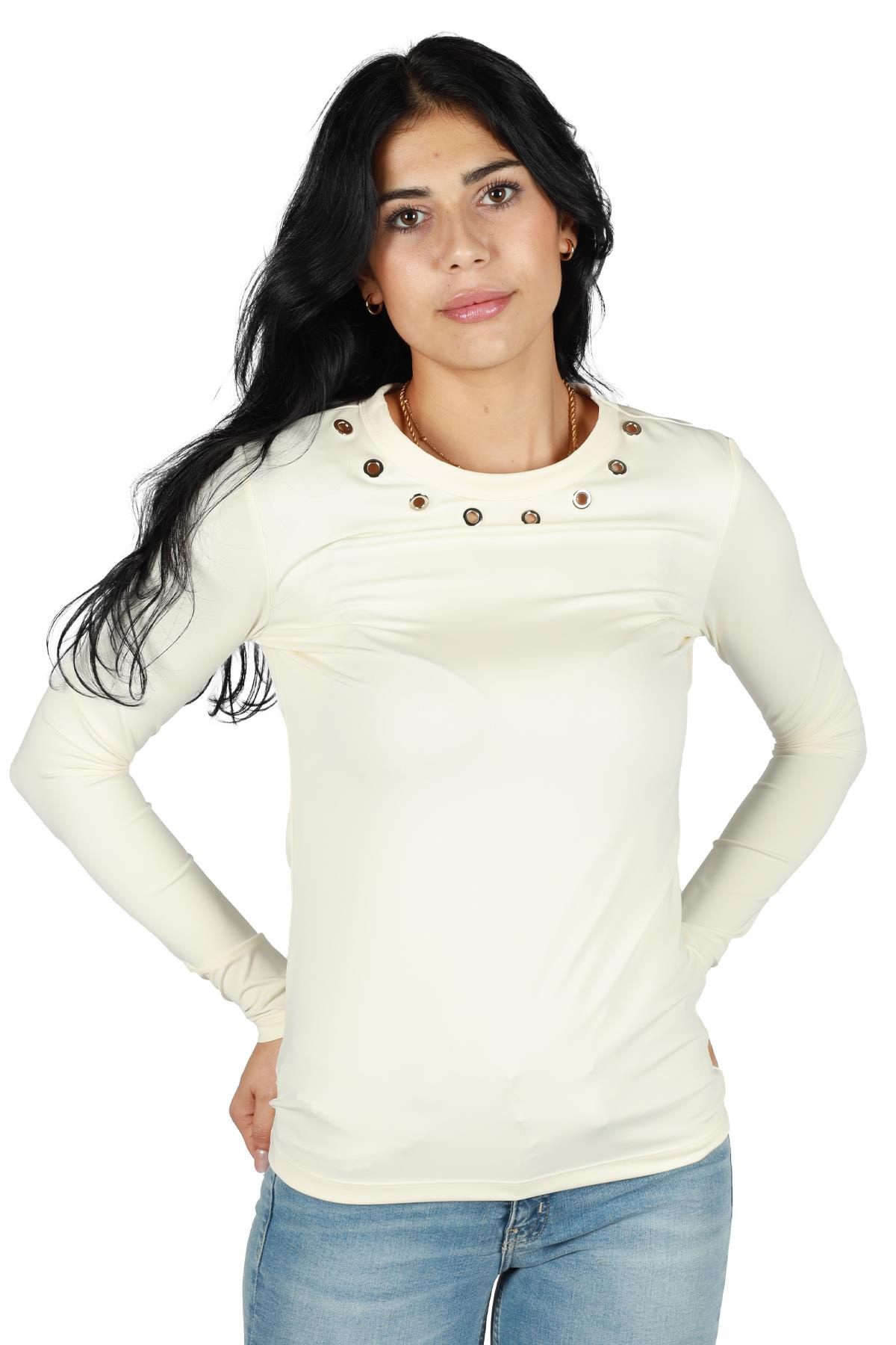 Berrin Berrin Kadın Pamuklu Regular Fit Yuvarlak Yaka Ekru Bluz IBR7108-EKRU