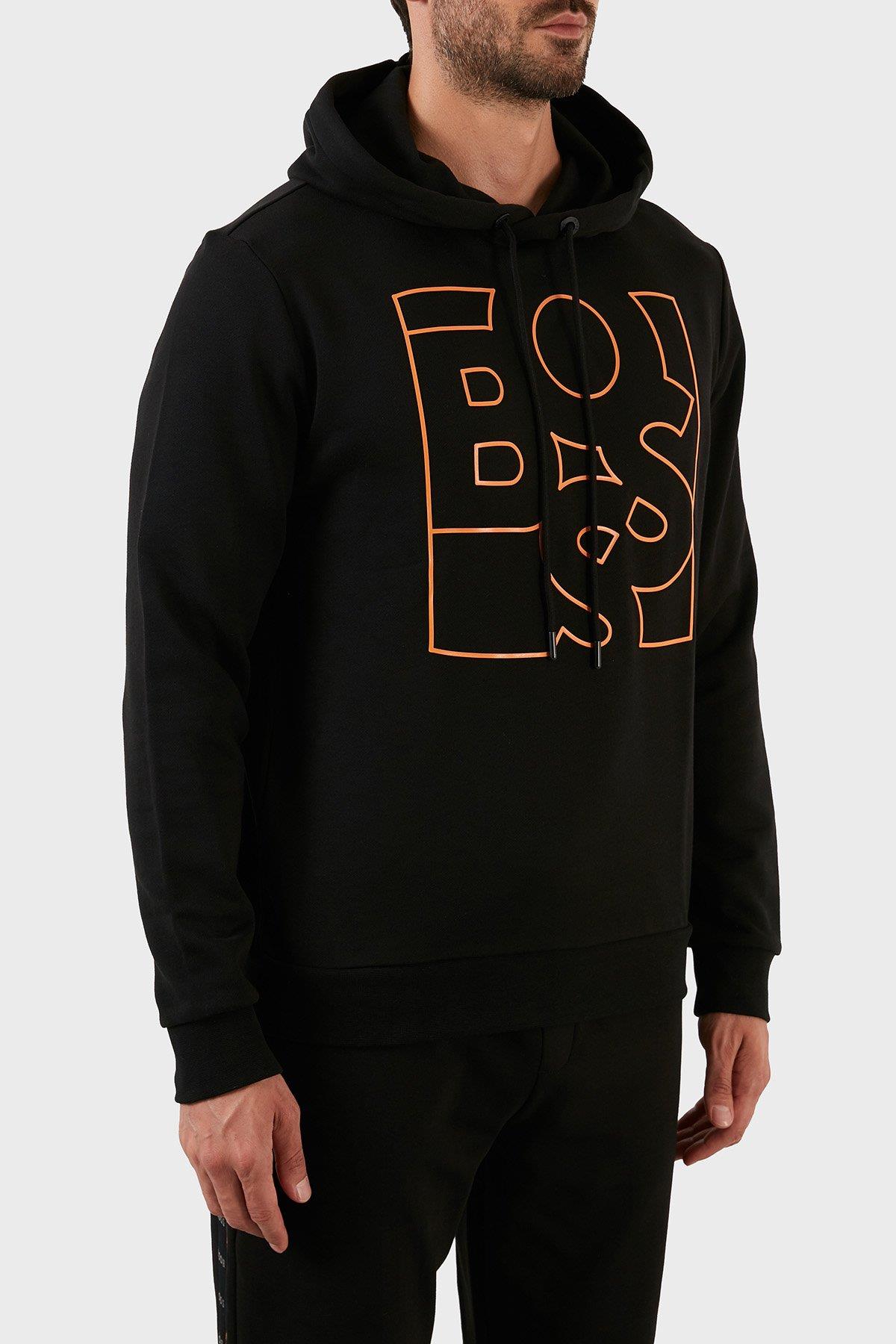 BOSS BOSS Erkek Baskılı Regular Fit Kapşonlu Siyah Sweatshirt 50477519-001
