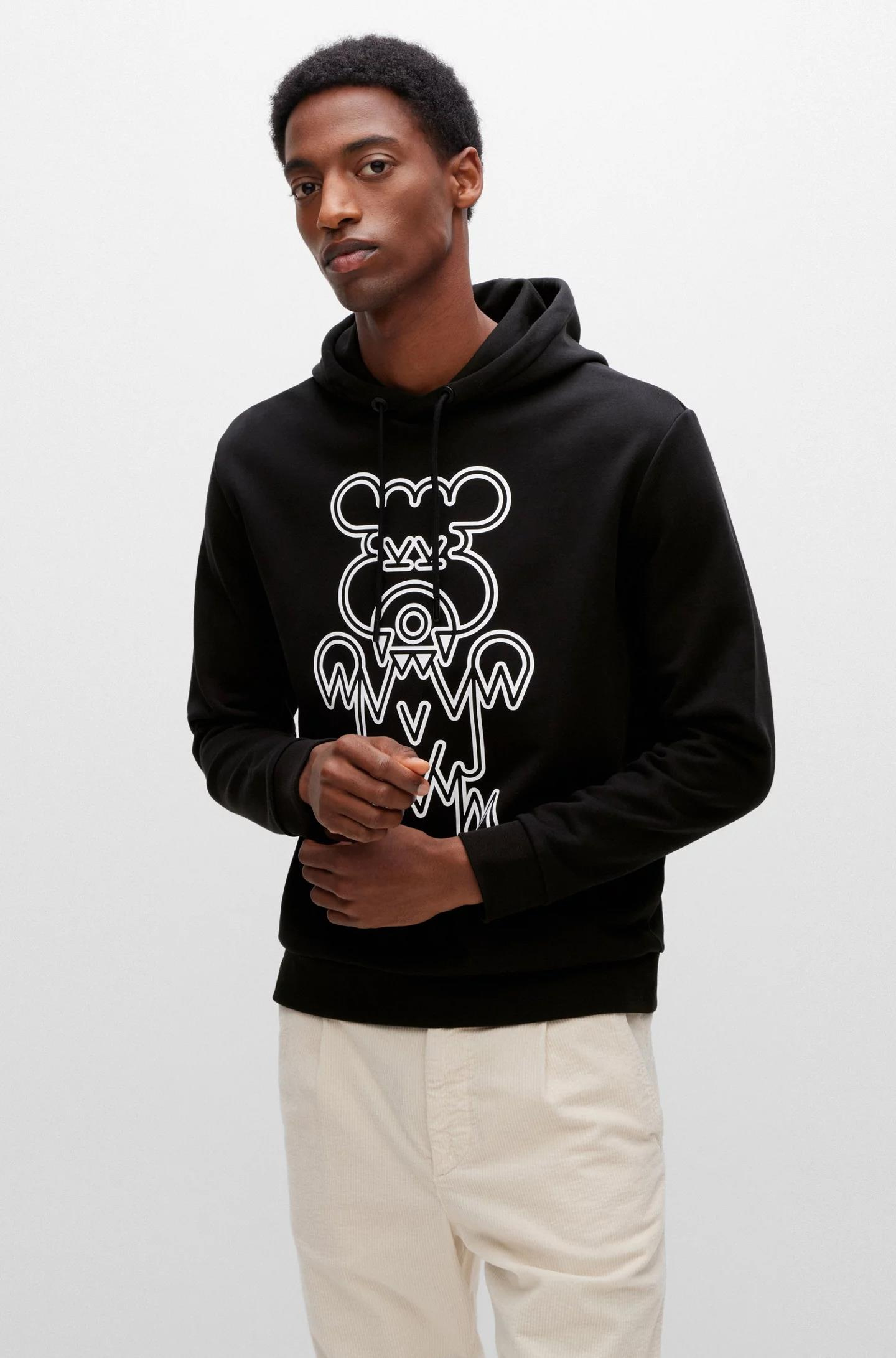 BOSS BOSS Erkek Baskılı Regular Fit Kapşonlu Siyah-Beyaz Sweatshirt 50477519-002