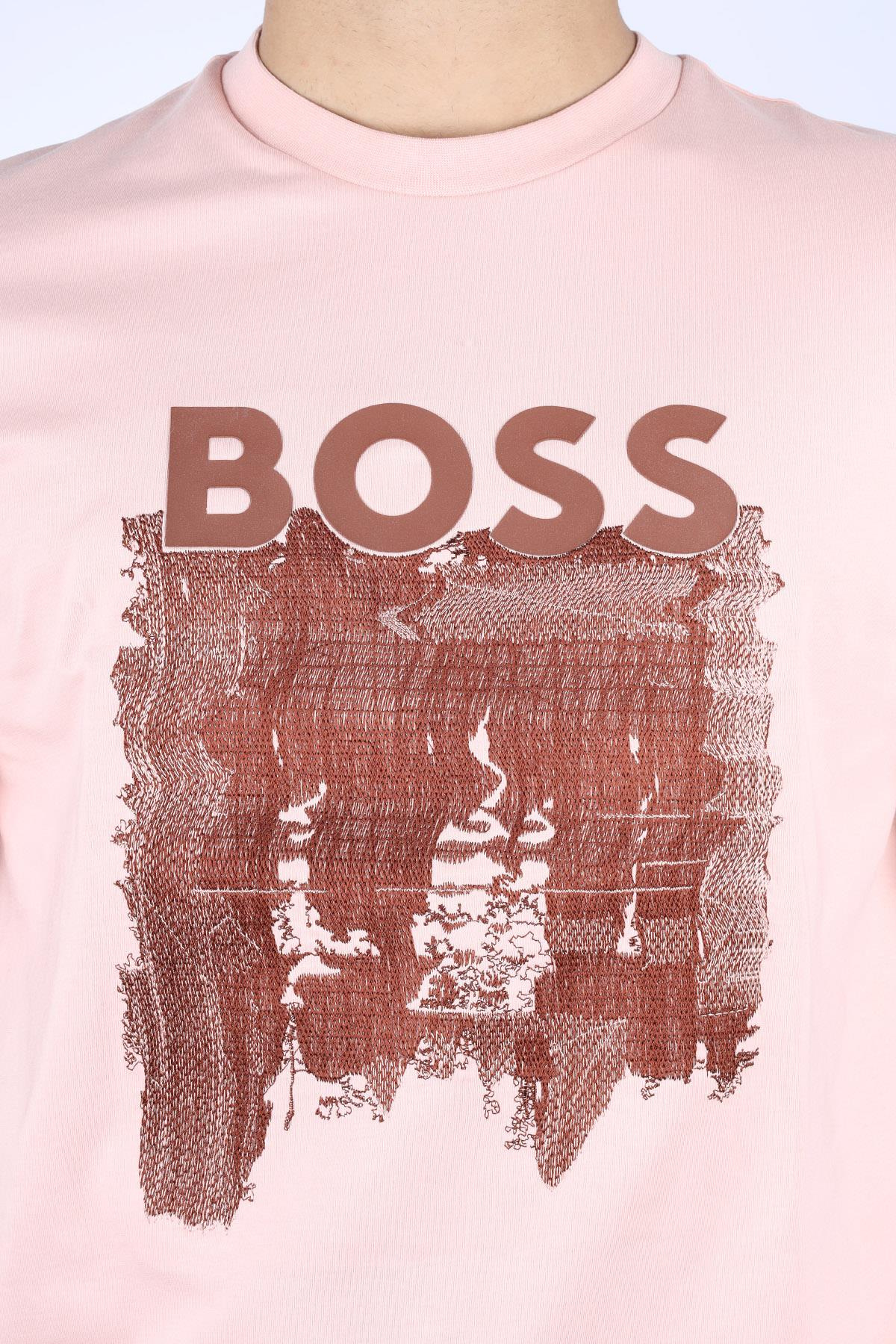 BOSS  BOSS Erkek Boss Yazı Detay Bisiklet Yaka Kısa Kol Pamuklu Pembe T-Shirt 50543916-683