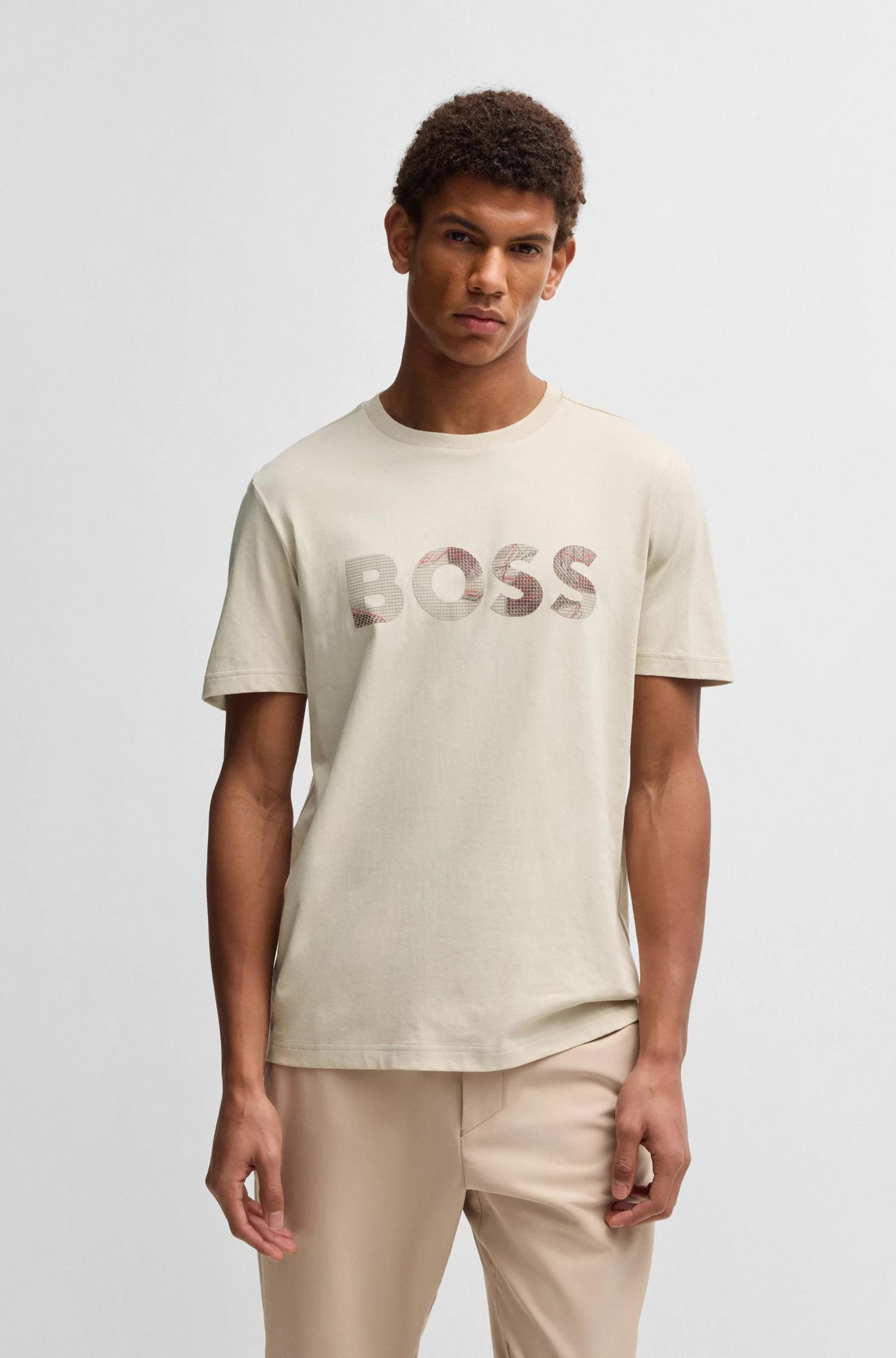 BOSS BOSS Erkek BOSS Yazılı Kısa Kollu Bisiklet Yaka Bej T-Shirt 50537834-284