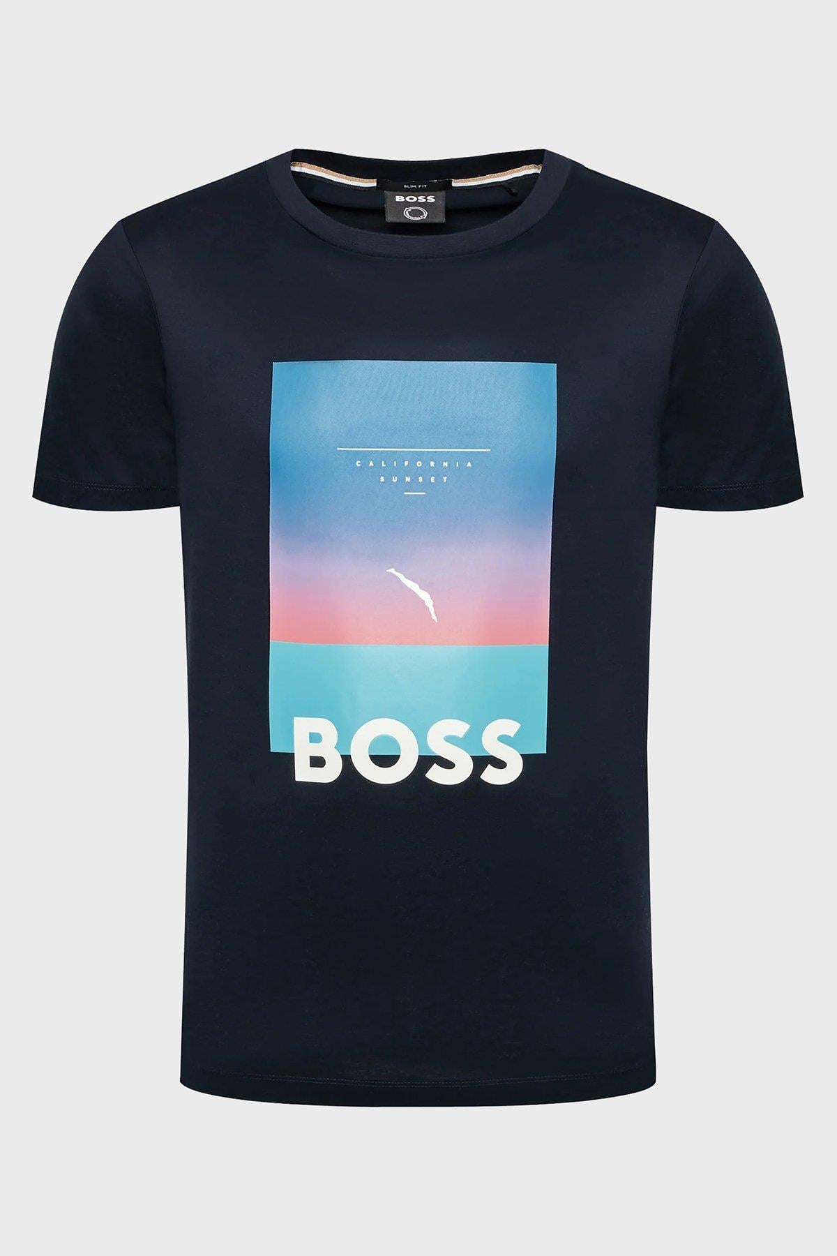 BOSS BOSS Erkek Büyük Logo Baskılı Yumuşak Dokulu Lacivert T-Shirt 50469501-404