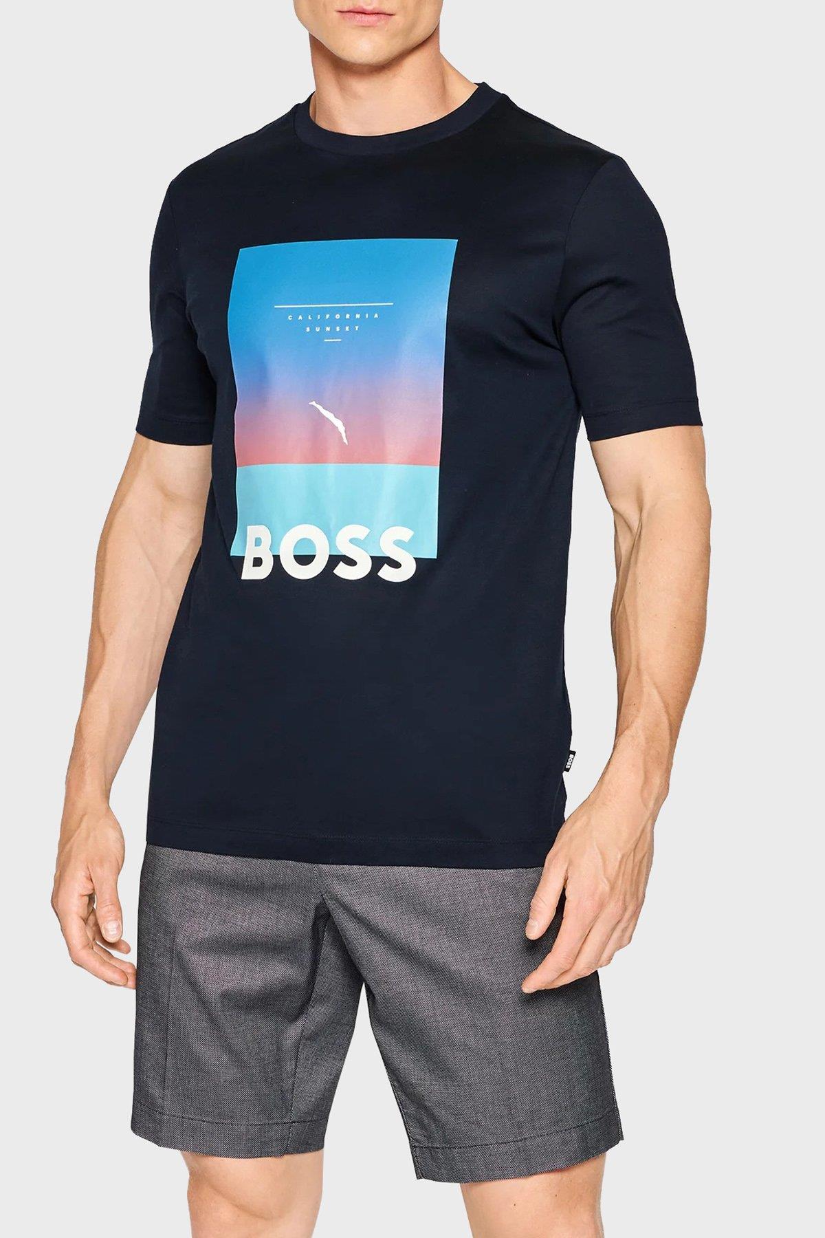 BOSS BOSS Erkek Büyük Logo Baskılı Yumuşak Dokulu Lacivert T-Shirt 50469501-404