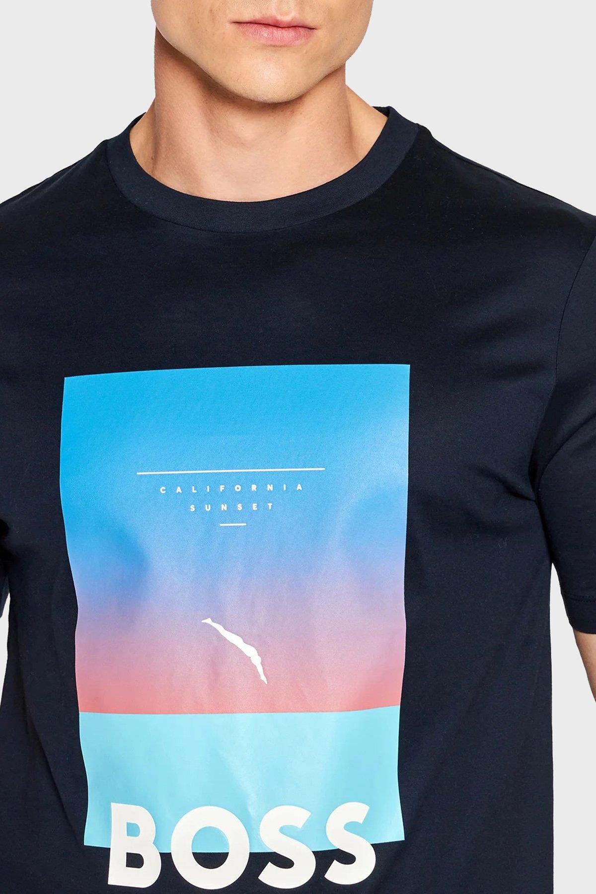 BOSS BOSS Erkek Büyük Logo Baskılı Yumuşak Dokulu Lacivert T-Shirt 50469501-404