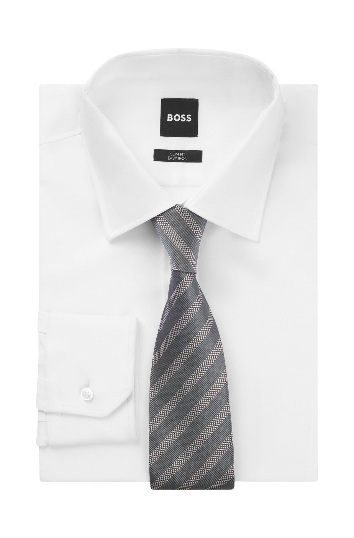 BOSS  BOSS Erkek Çapraz Çizgili %100 İpek Gri Kravat 50556068-029