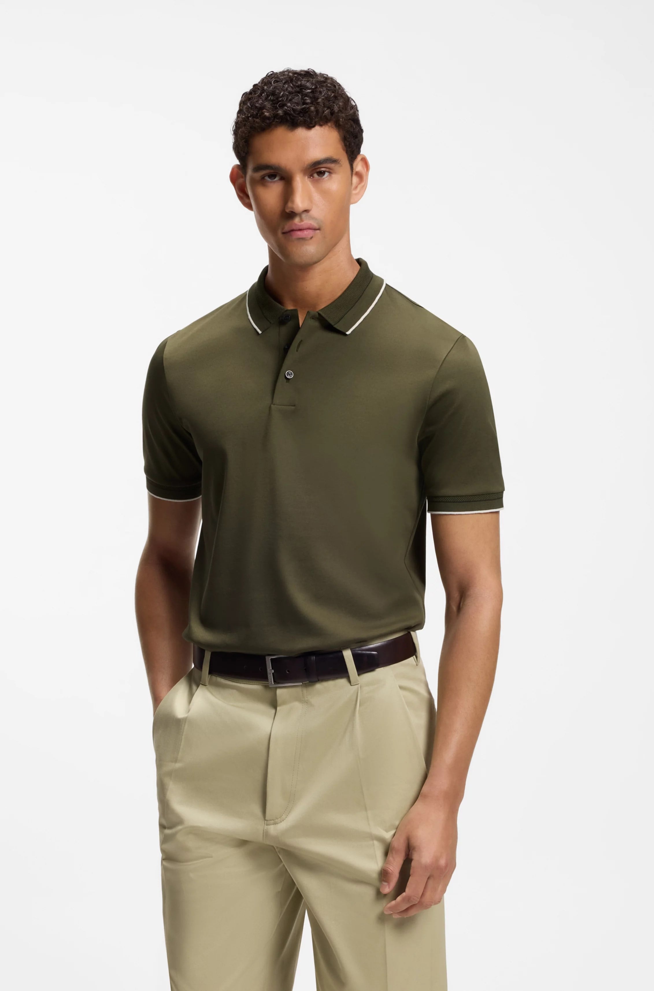 BOSS  BOSS Erkek Dar Kesim Nefes Alabilen Merserize Pamuklu Kısa Kollu Haki Polo Yaka T-Shirt 50565587-347