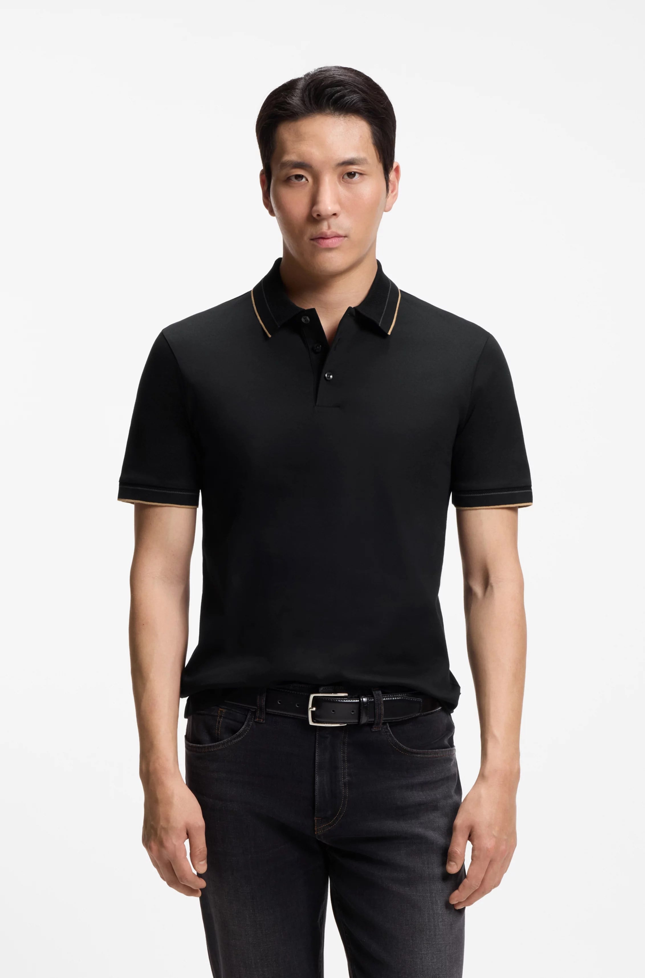 BOSS  BOSS Erkek Dar Kesim Nefes Alabilen Merserize Pamuklu Kısa Kollu Siyah Polo Yaka T-Shirt 50565587-001