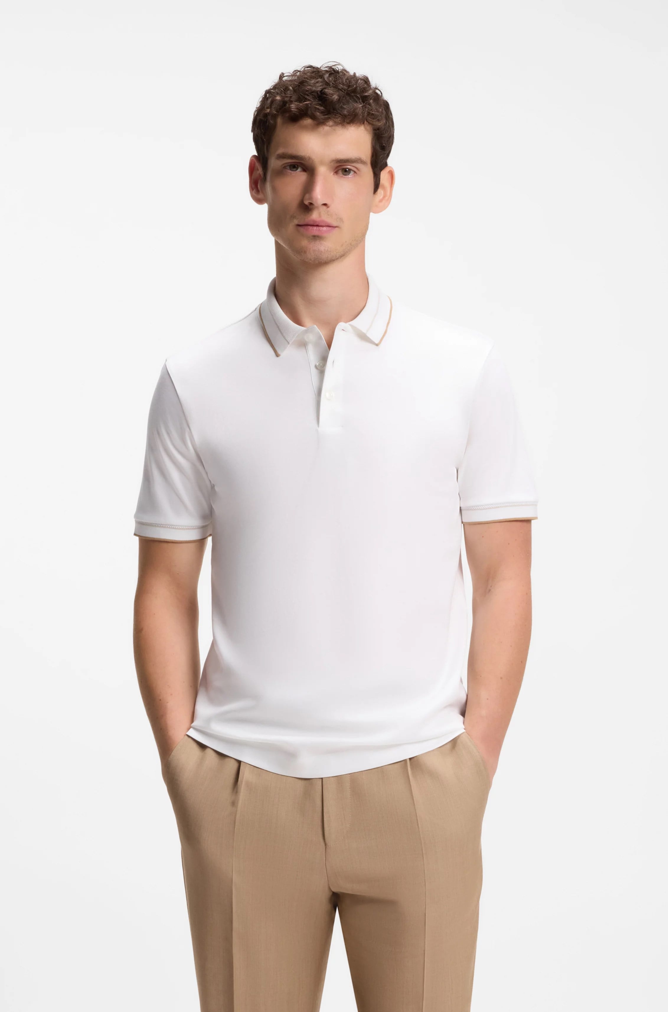 BOSS  BOSS Erkek Dar Kesim Nefes Alabilen Merserize Pamuklu Kısa Kollu Beyaz Polo Yaka T-Shirt 50565587-100