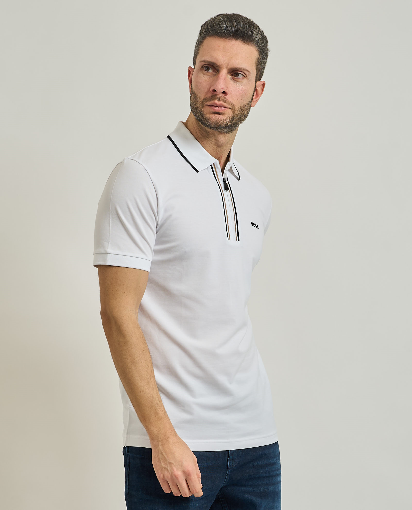 BOSS  BOSS Erkek Dar Kesim Nem Emici Esnek Pamuklu Kısa Kollu Beyaz Polo Yaka T-Shirt 50555698-100