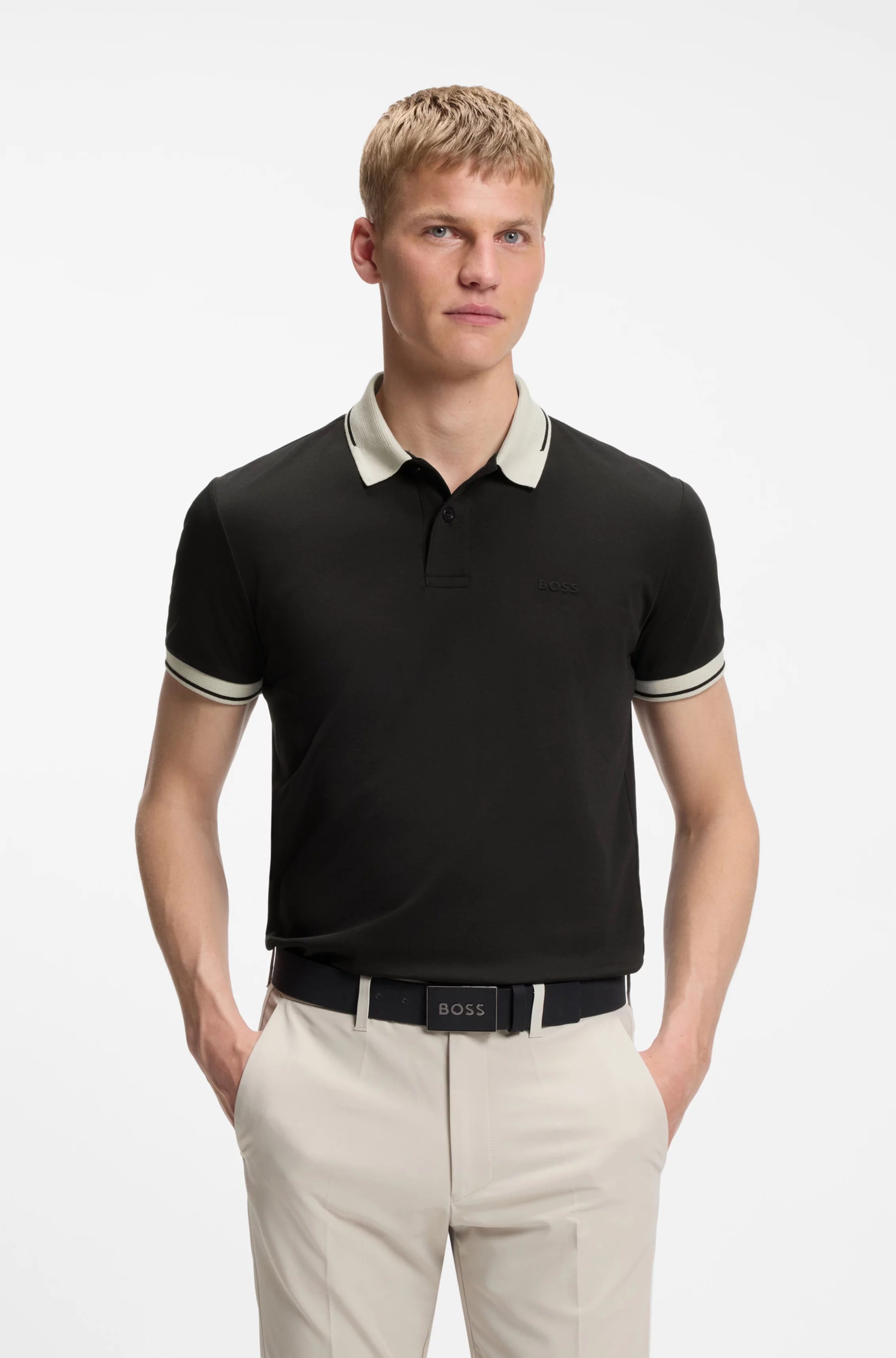 BOSS  BOSS Erkek Dar Kesim Pamuklu Kısa Kollu Siyah Polo Yaka T-Shirt 50564688-001