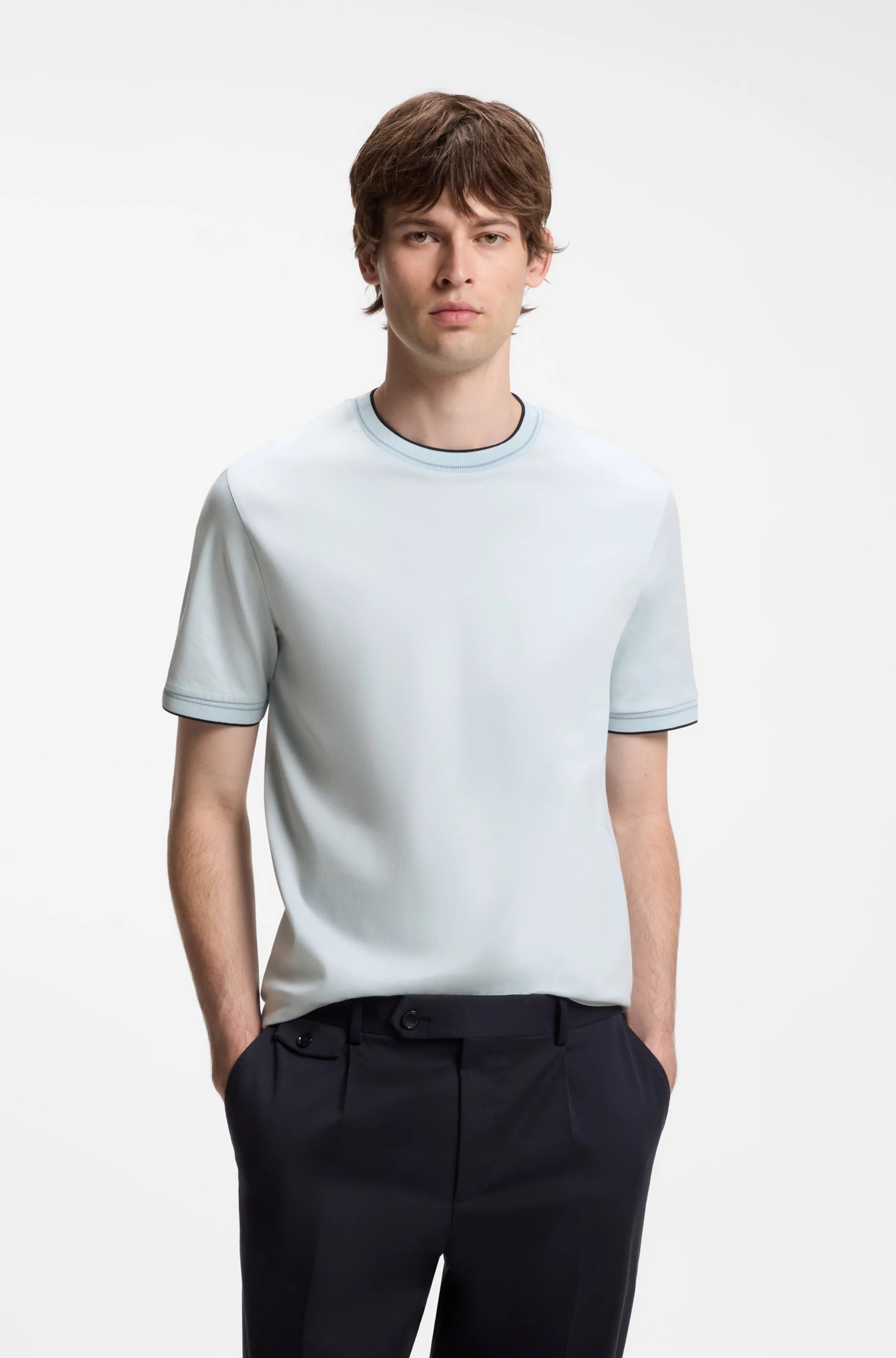 BOSS  BOSS Erkek Dar Kesim Yuvarlak Yakalı Pamuklu Kısa Kollu Mavi T-Shirt 50565570-499
