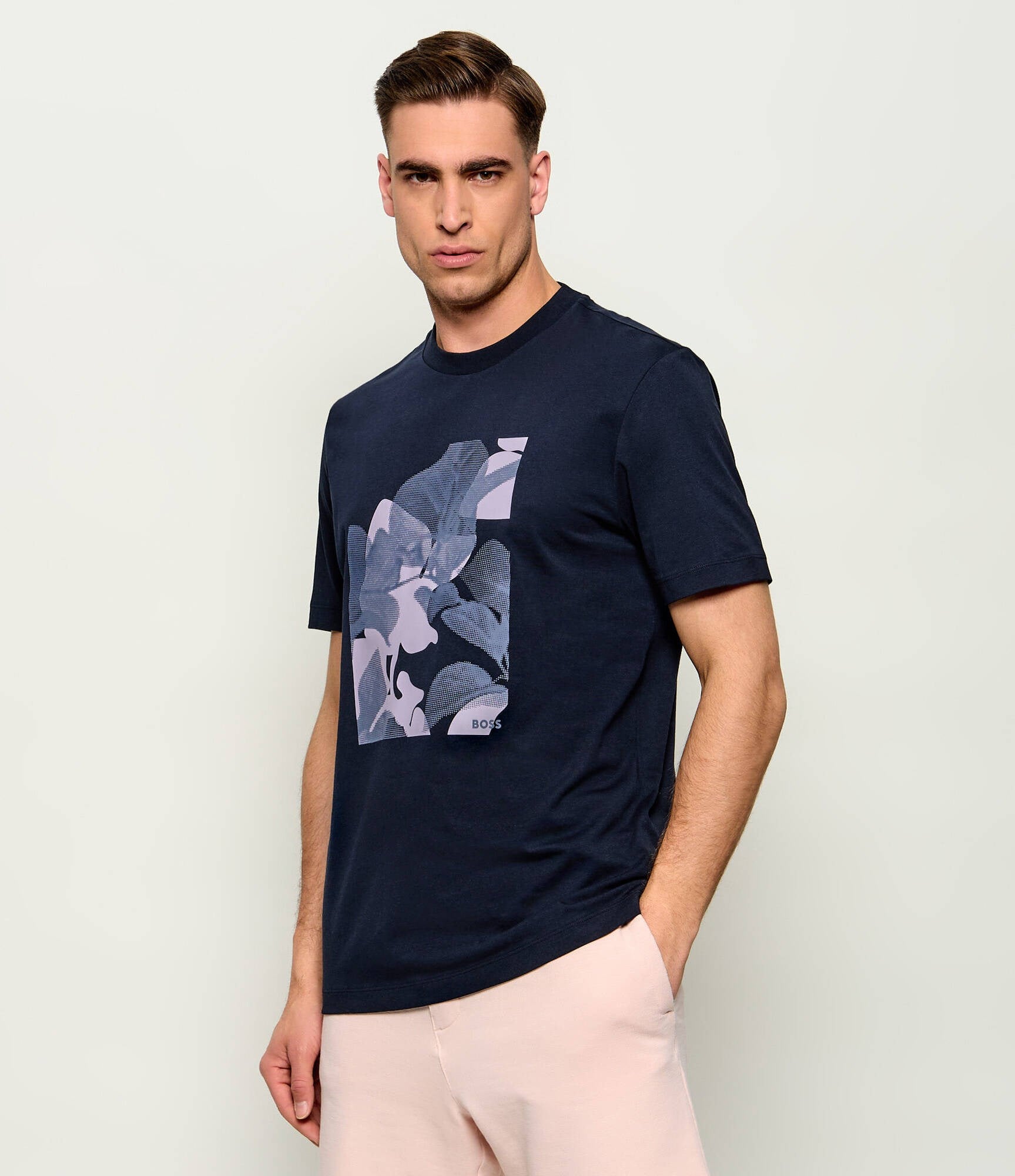 BOSS  BOSS Erkek Desenli Bisiklet Yaka Kısa Kol Lacivert T-Shirt 50559754-404