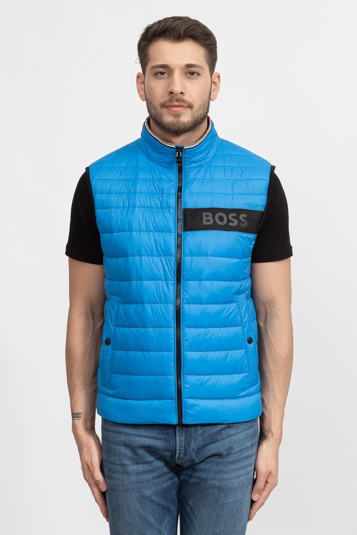 BOSS BOSS Erkek Dik Yaka Yalıtımlı Marka Logolu Fermuarlı Mavi Yelek 50464300-439
