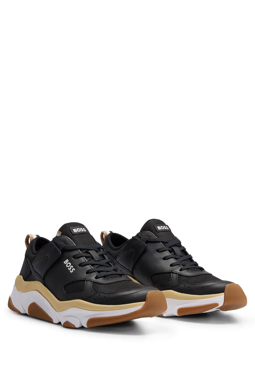 BOSS BOSS Erkek Fileli Şerit Logolu Bağıcıklı Siyah-Beyaz Sneaker 50493205-001