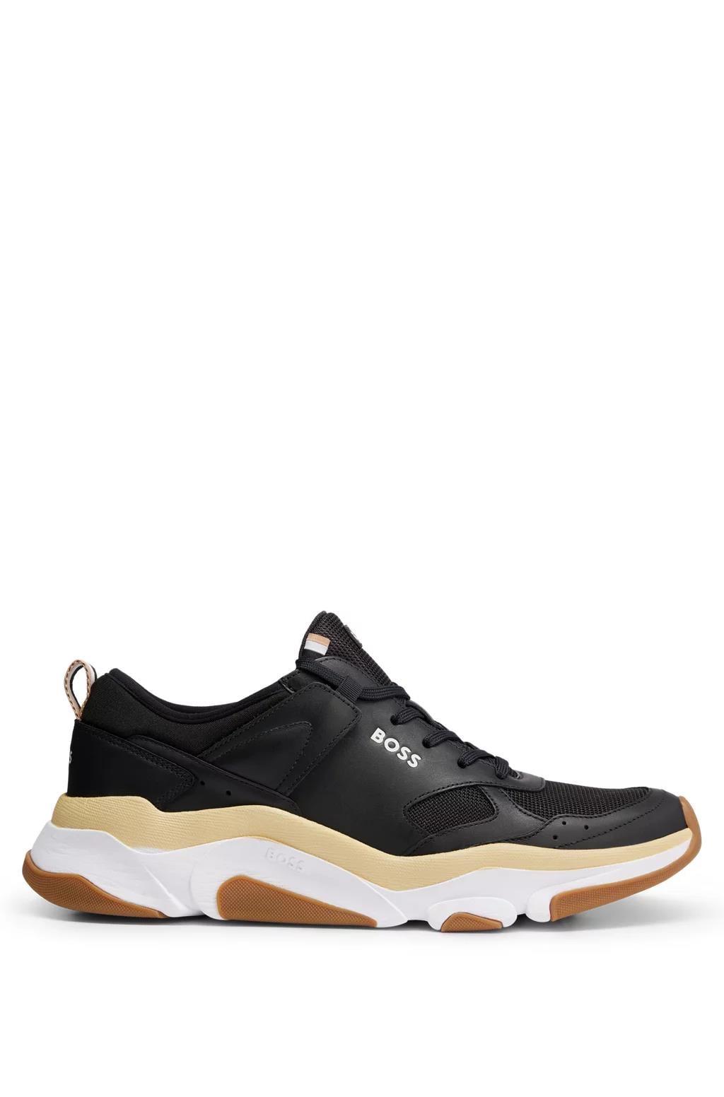BOSS BOSS Erkek Fileli Şerit Logolu Bağıcıklı Siyah-Beyaz Sneaker 50493205-001