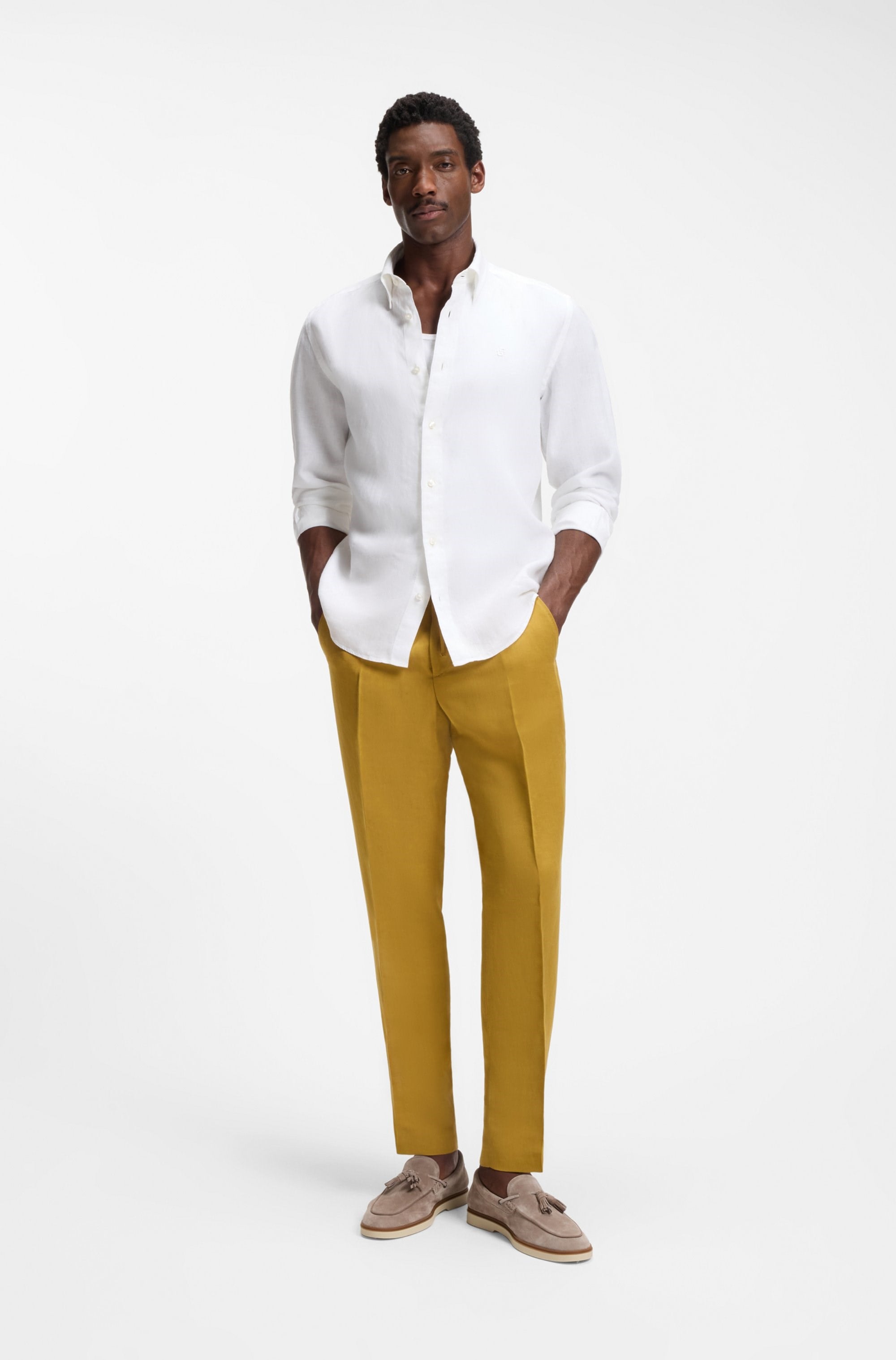 BOSS  BOSS Erkek Gömlek Yaka Düğme Kapama Uzun Kol Slim Fit Beyaz Gömlek 50567009-100