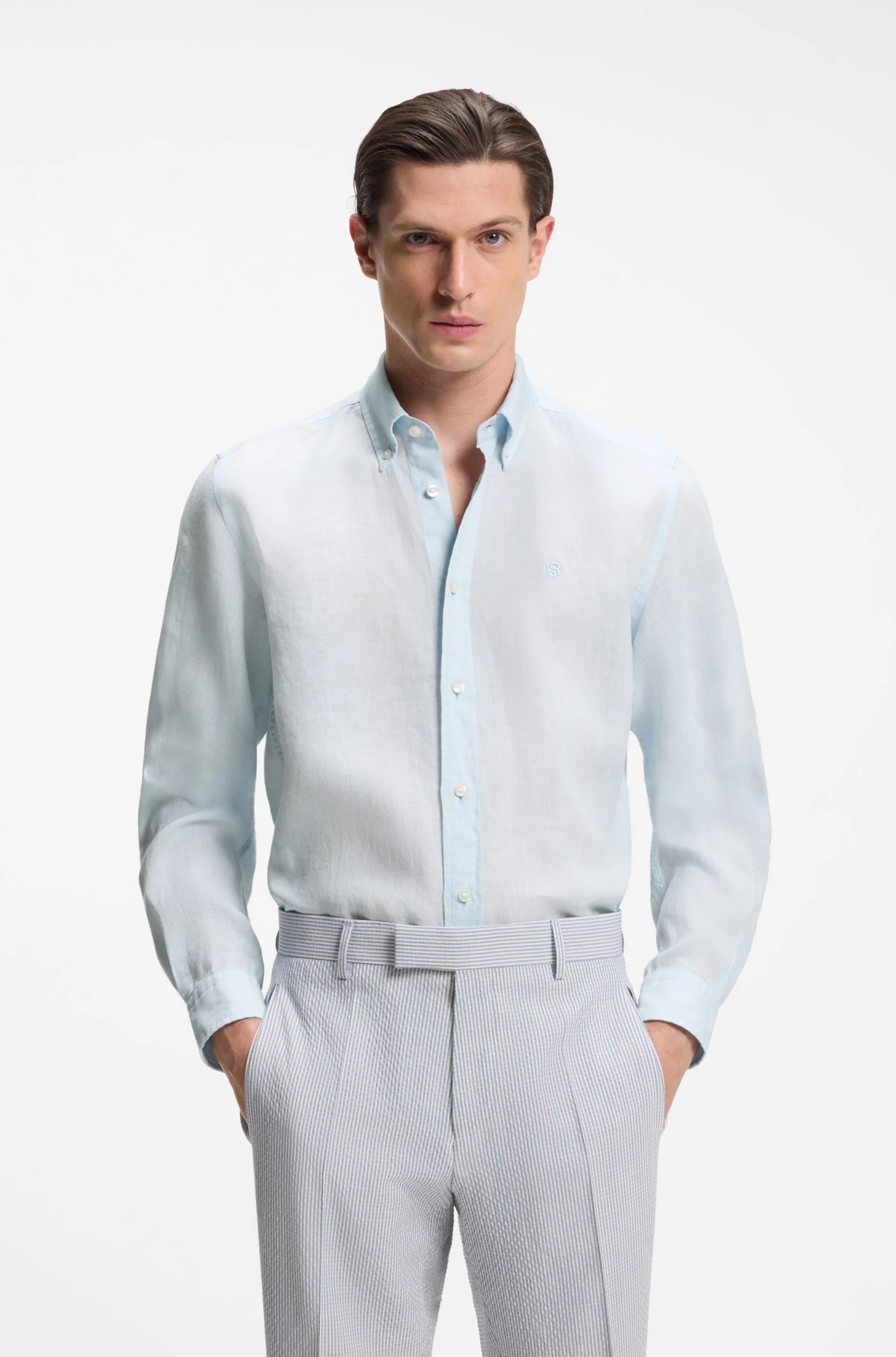 BOSS  BOSS Erkek Gömlek Yaka Düğme Kapama Uzun Kol Slim Fit Açık Mavi Gömlek 50567009-499
