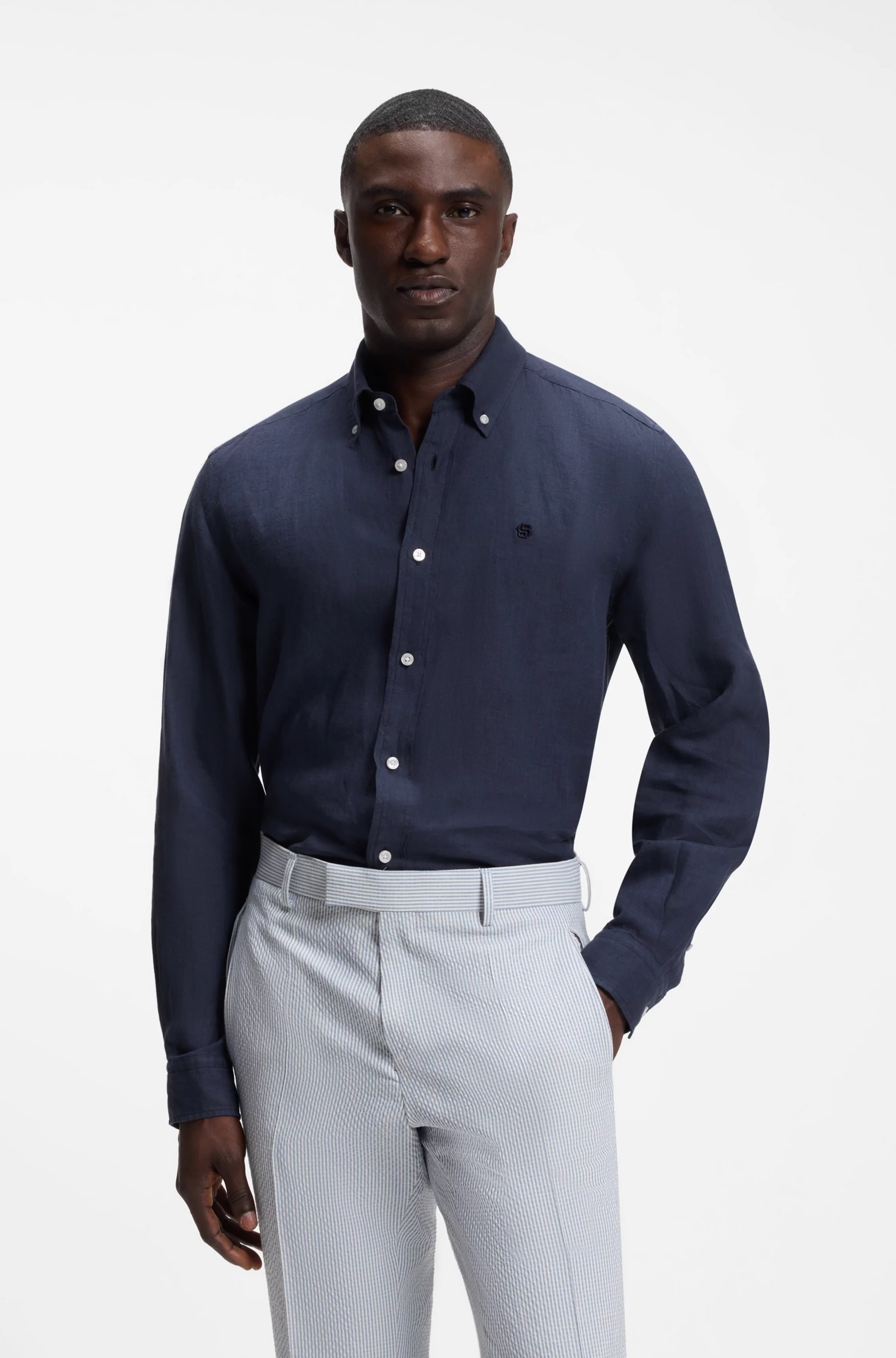 BOSS  BOSS Erkek Gömlek Yaka Düğme Kapama Uzun Kol Slim Fit Lacivert Gömlek 50567009-404