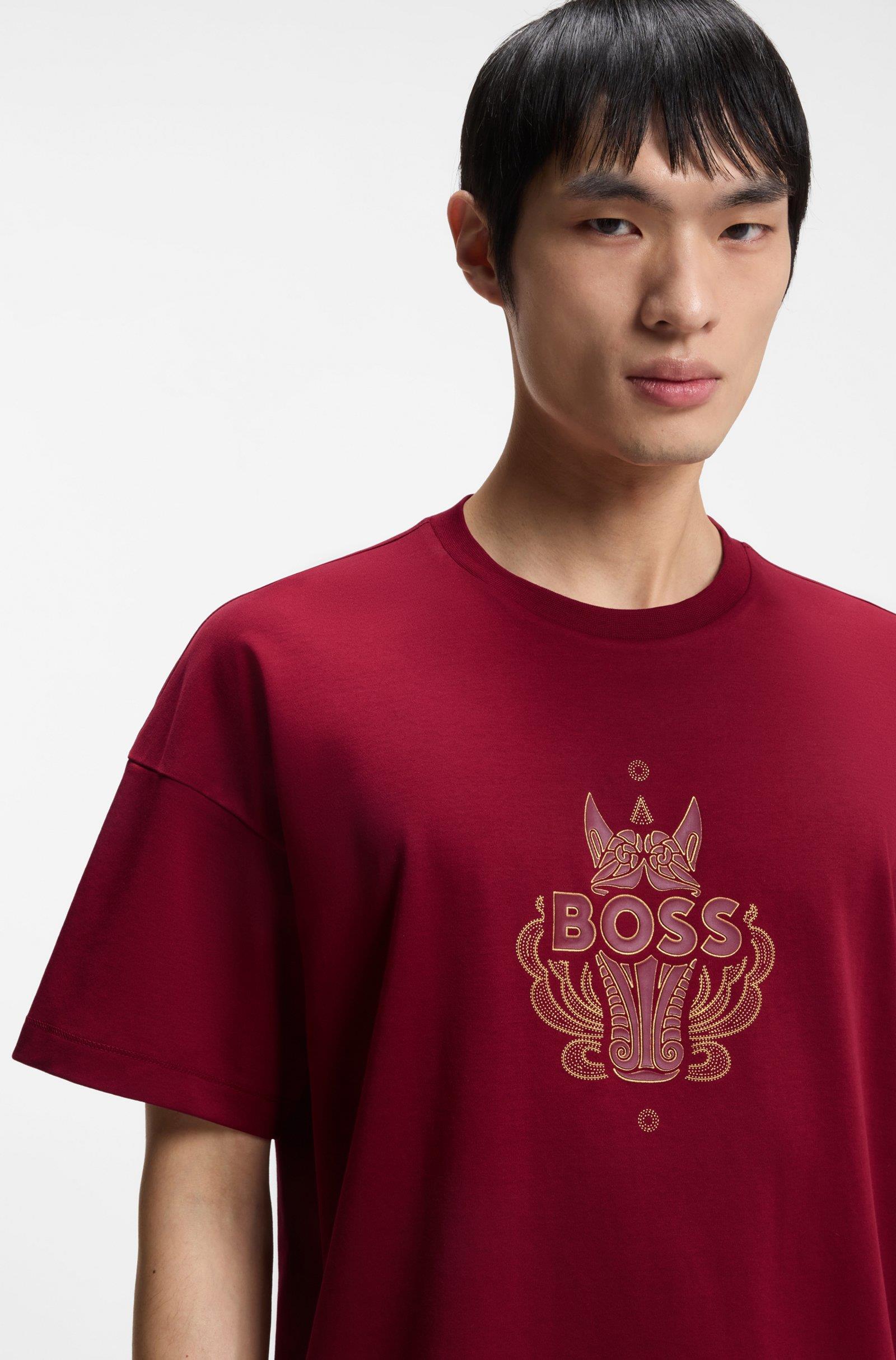 BOSS  BOSS Erkek İşlemeli Logo Tasarımlı %100 Pamuklu Kısa Kollu Kırmızı T-Shirt 50565015-616