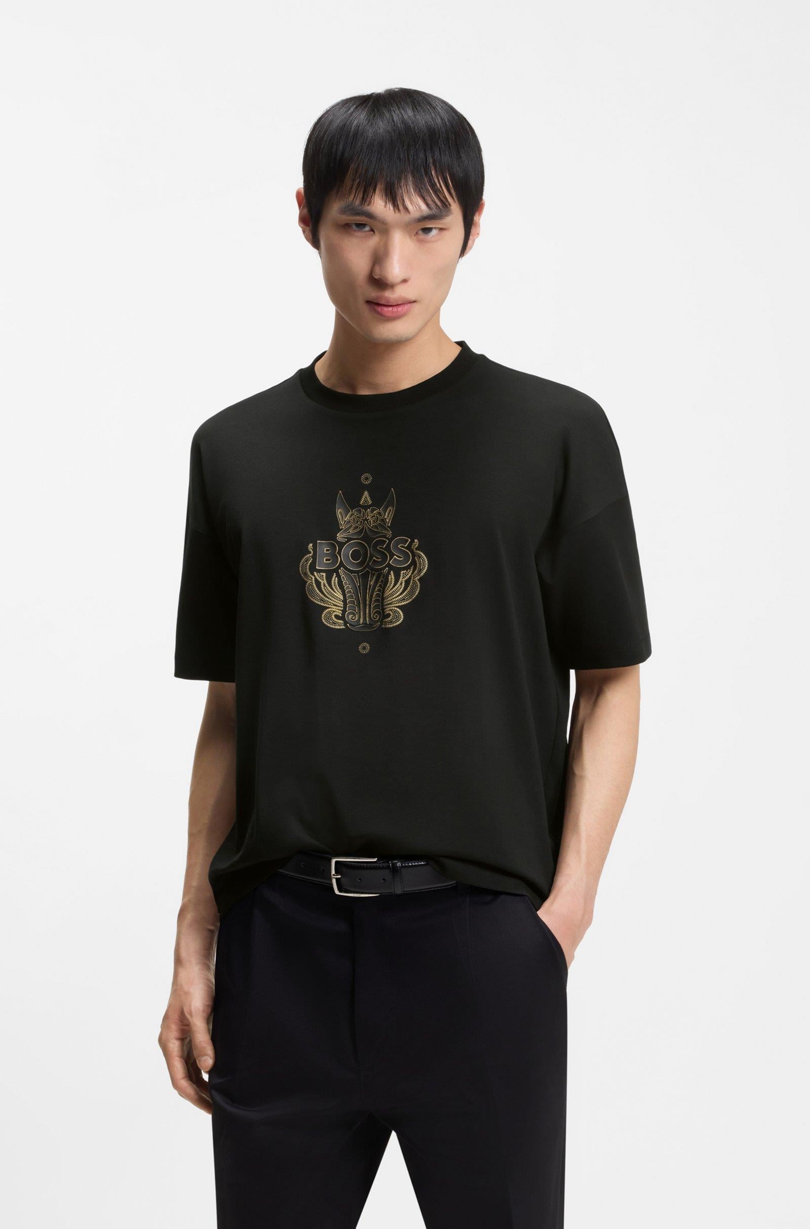 BOSS  BOSS Erkek İşlemeli Logo Tasarımlı %100 Pamuklu Kısa Kollu Siyah T-Shirt 50565015-001