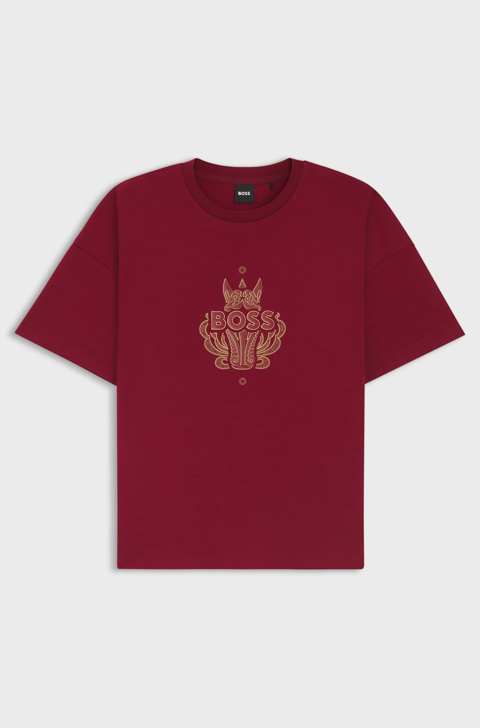 BOSS  BOSS Erkek İşlemeli Logo Tasarımlı %100 Pamuklu Kısa Kollu Kırmızı T-Shirt 50565015-616