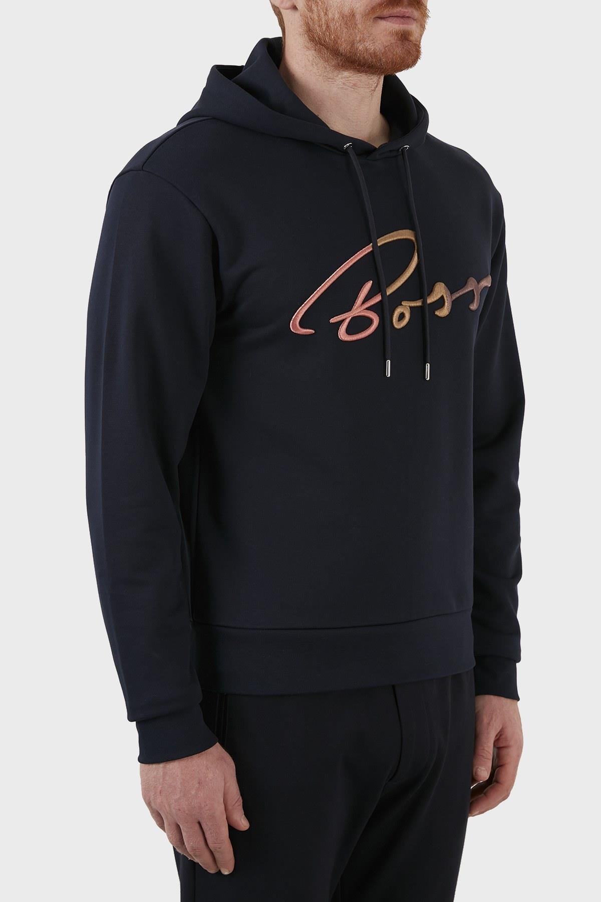 BOSS BOSS Erkek Kapşonlu Yaka Regular Fit Pamuklu Uzun Kollu Lacivert Sweatshirt 50467151-404