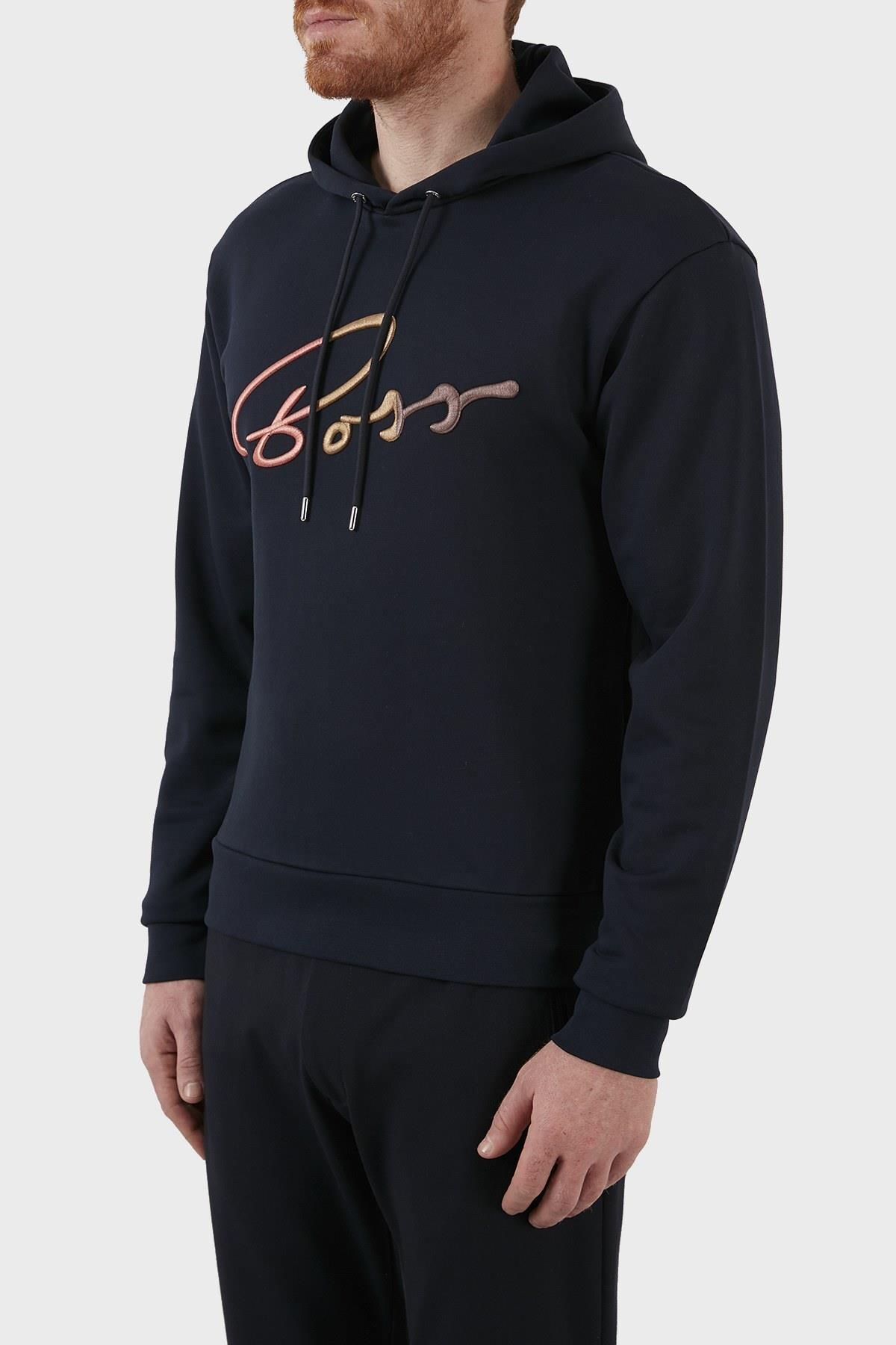 BOSS BOSS Erkek Kapşonlu Yaka Regular Fit Pamuklu Uzun Kollu Lacivert Sweatshirt 50467151-404