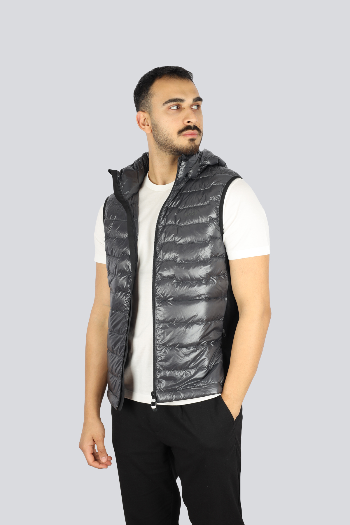 BOSS  BOSS Erkek Kaz Tüyü Dolgulu Normal Kalıp Kapüşonlu Yaka Parlak Dış Yüzeyli Gri Yelek 50541303-027