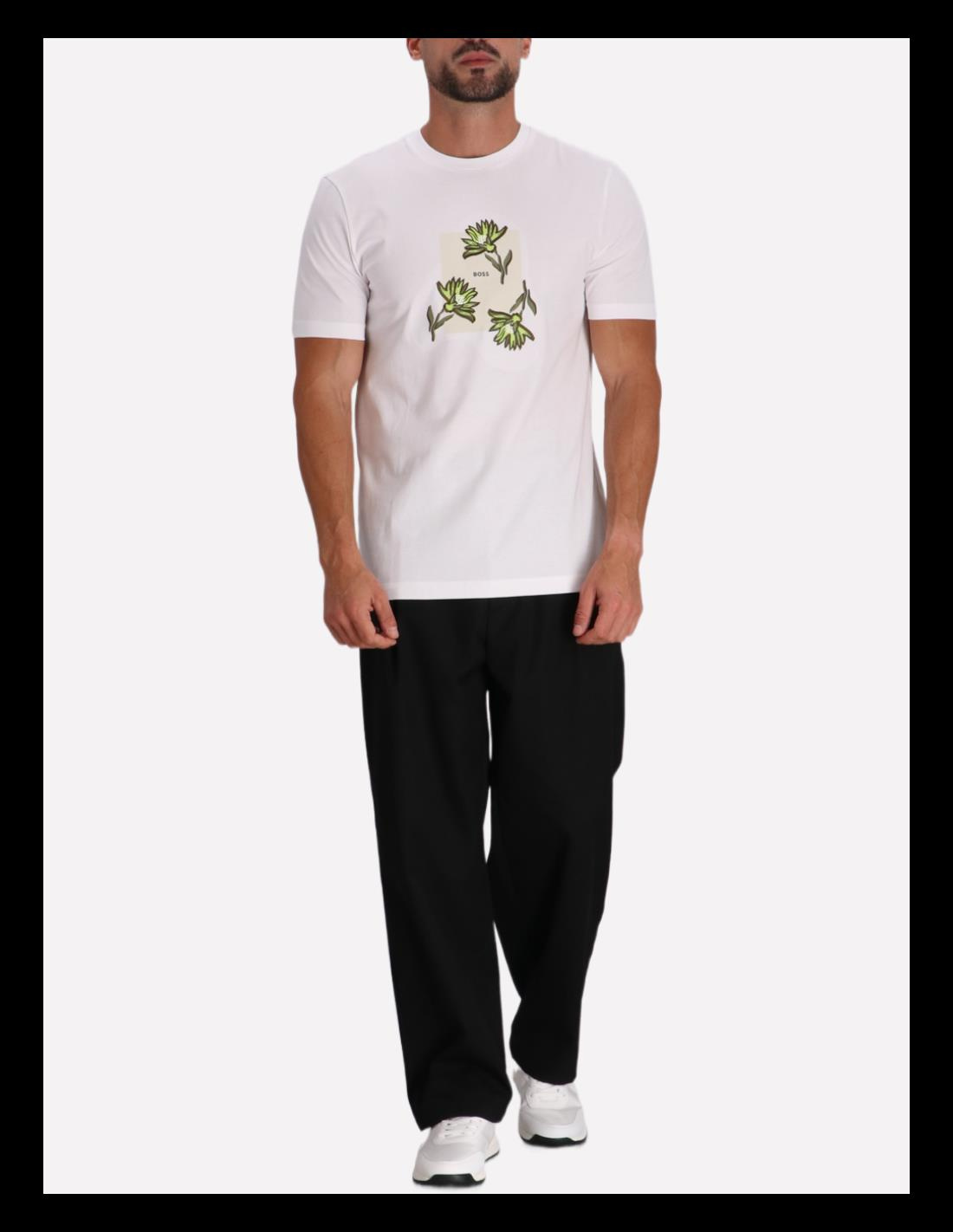BOSS BOSS Erkek Kısa Kol Bisiklet Yaka Çiçek Desenli Pamuklu Beyaz T-Shirt 50536763-100