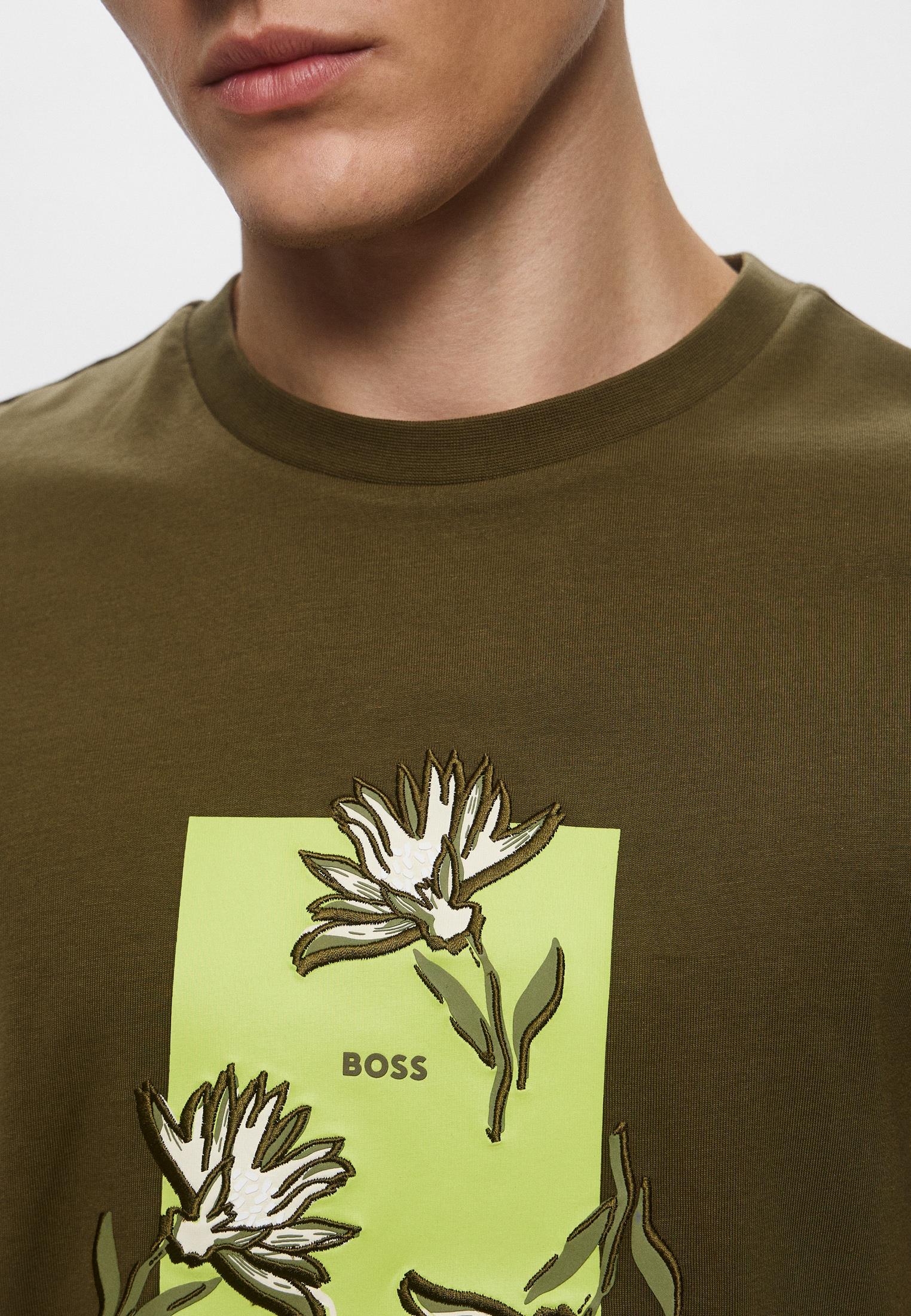 BOSS BOSS Erkek Kısa Kol Bisiklet Yaka Çiçek Desenli Pamuklu Yeşil T-Shirt 50536763-303