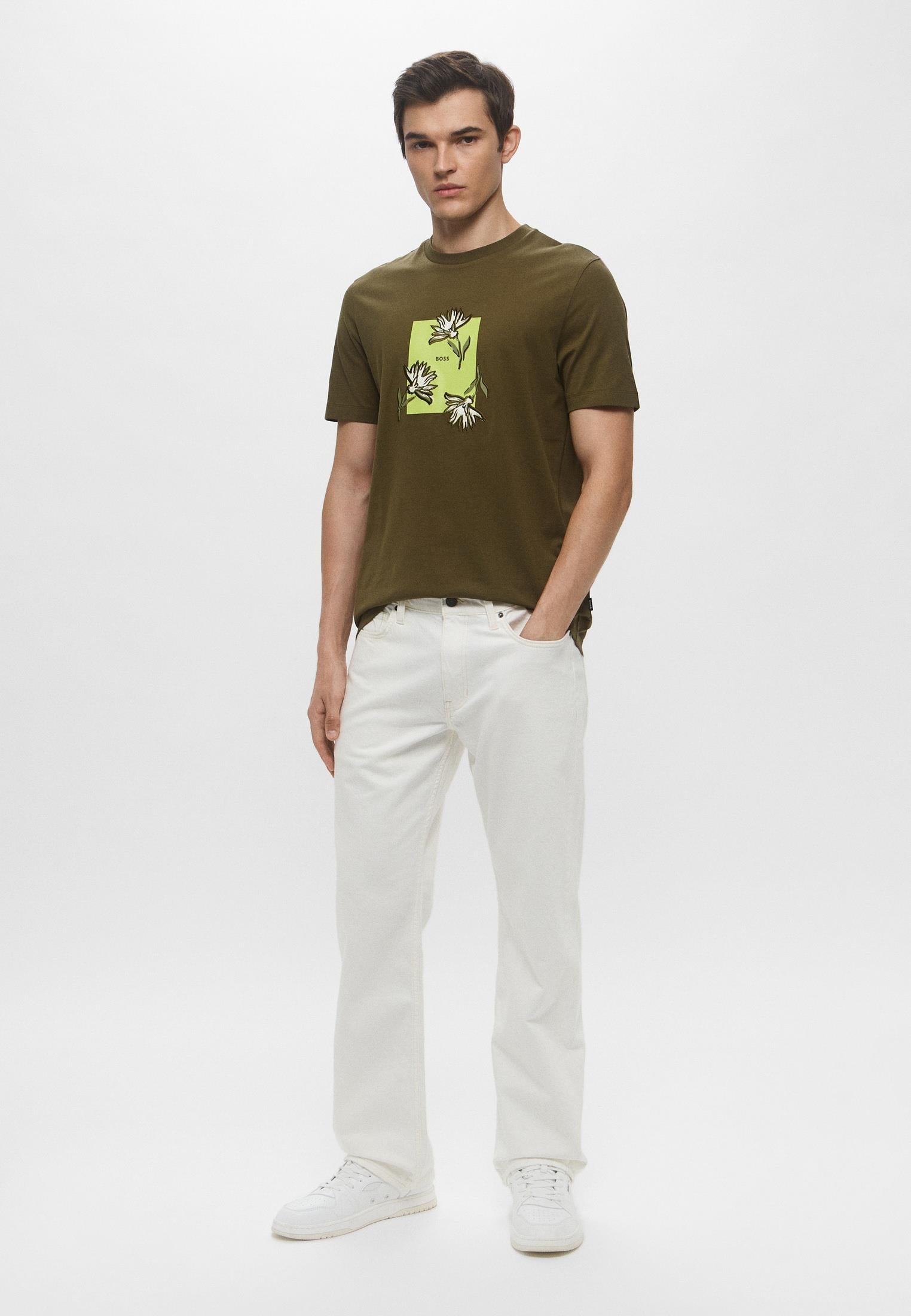 BOSS BOSS Erkek Kısa Kol Bisiklet Yaka Çiçek Desenli Pamuklu Yeşil T-Shirt 50536763-303