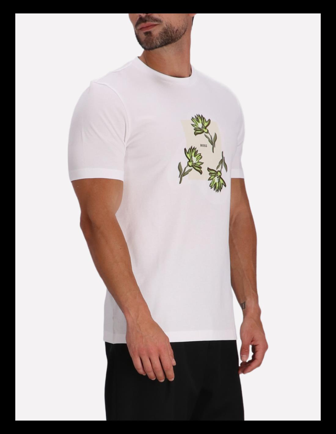 BOSS BOSS Erkek Kısa Kol Bisiklet Yaka Çiçek Desenli Pamuklu Beyaz T-Shirt 50536763-100