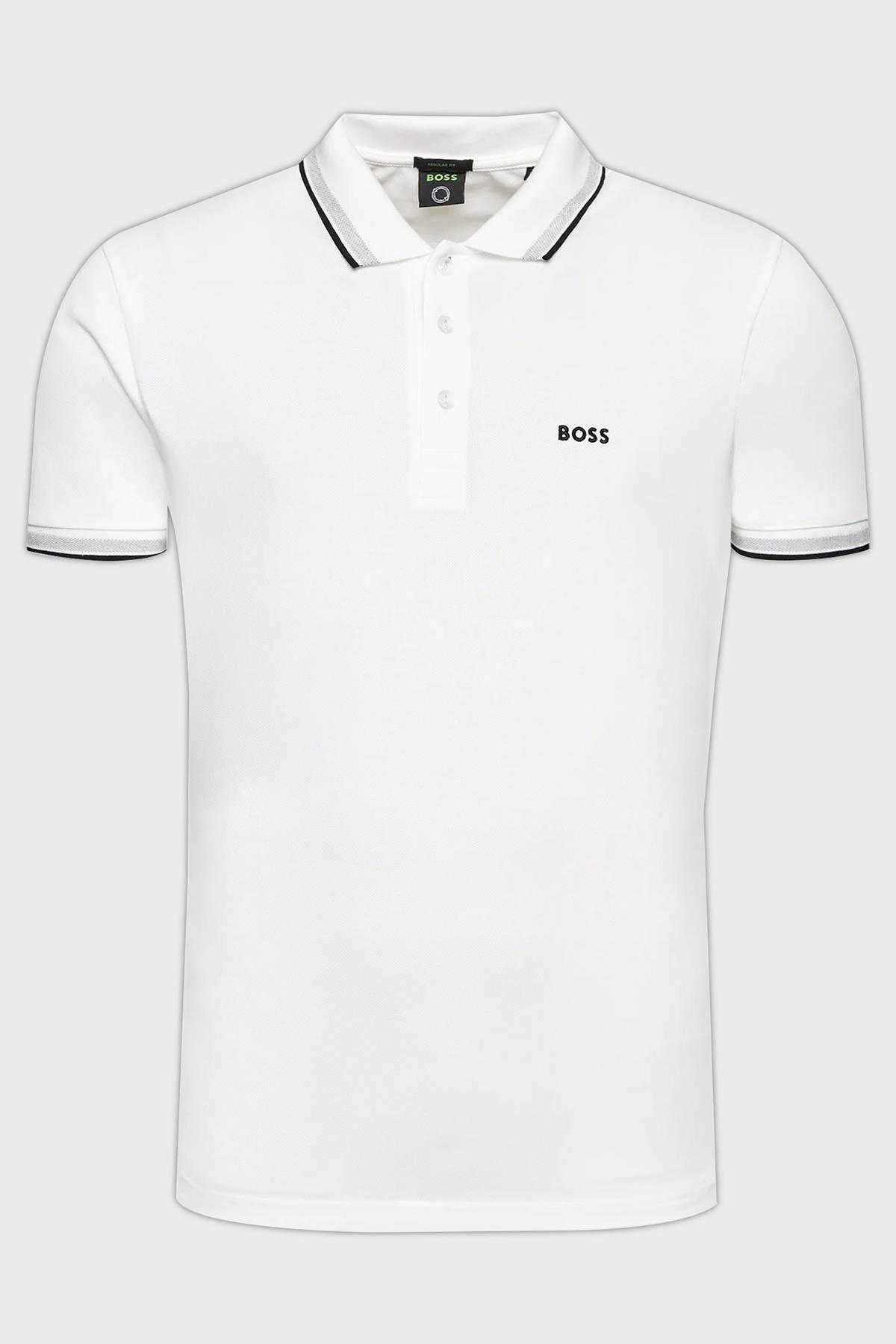BOSS BOSS Erkek Kısa Kol  Polo Yaka Yaka Ve Kol Uçları Renkli Şerit Kapama Beyaz Polo Yaka T-Shirt 50469055-100
