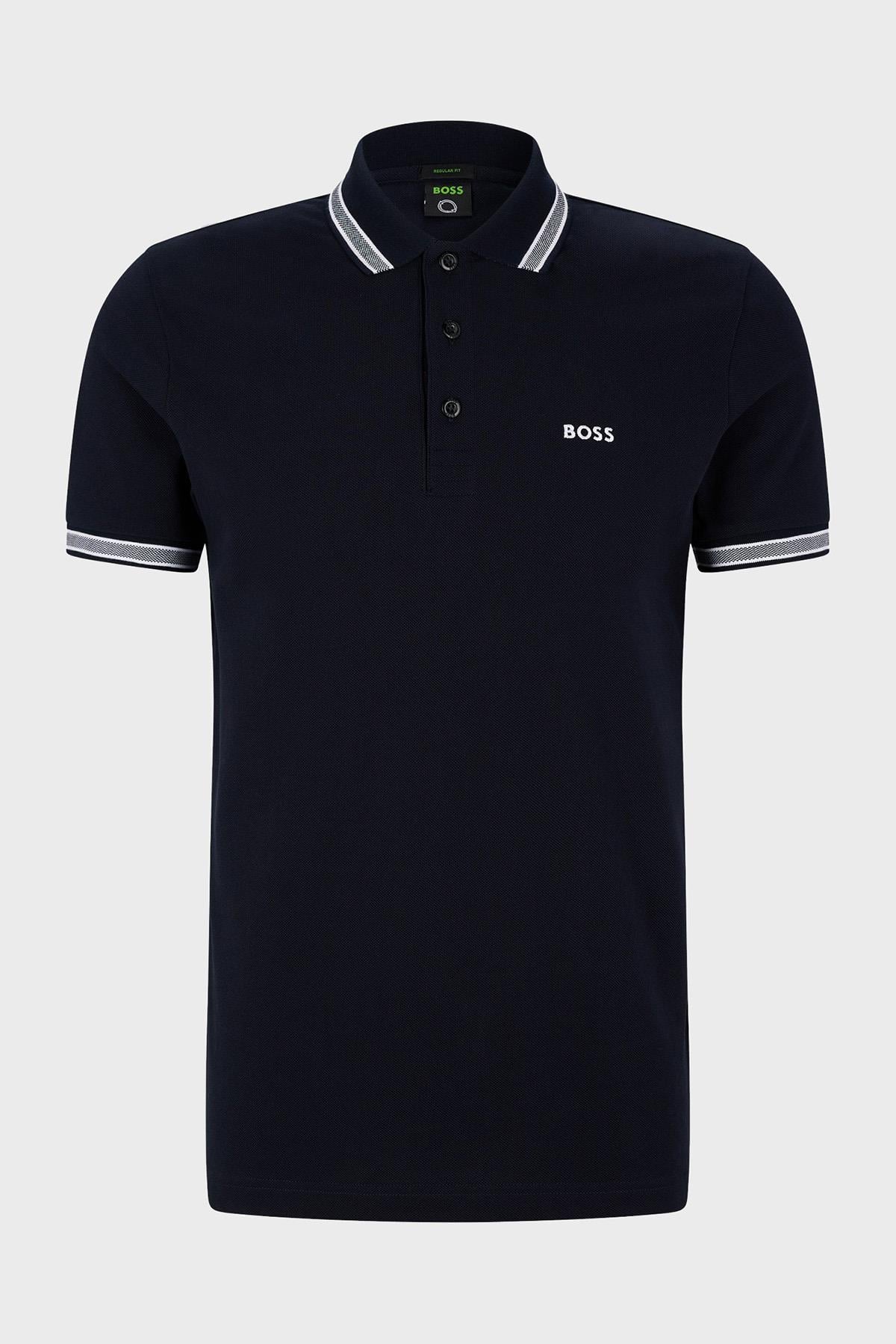 BOSS BOSS Erkek Kısa Kol  Polo Yaka Yaka Ve Kol Uçları Renkli Şerit Kapama Lacivert Polo Yaka T-Shirt 50469055-402