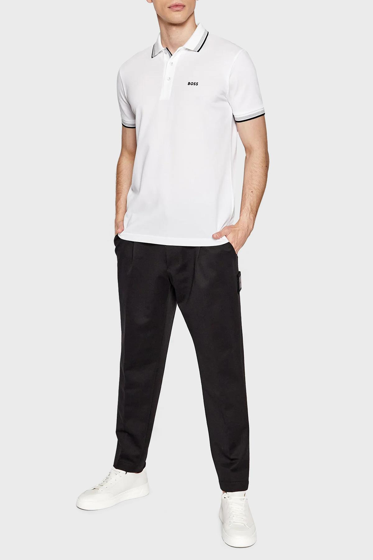 BOSS BOSS Erkek Kısa Kol  Polo Yaka Yaka Ve Kol Uçları Renkli Şerit Kapama Beyaz Polo Yaka T-Shirt 50469055-100