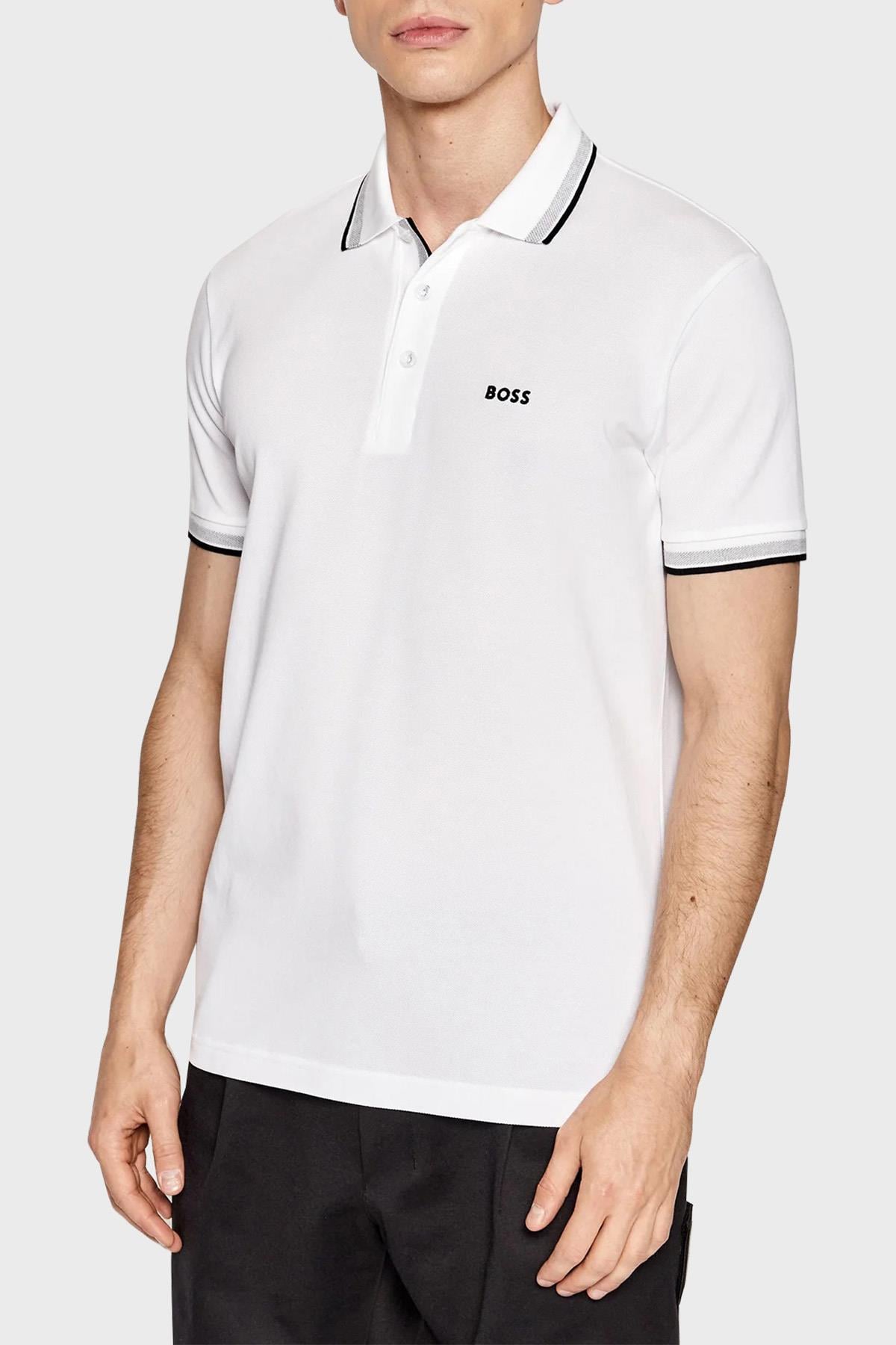 BOSS BOSS Erkek Kısa Kol  Polo Yaka Yaka Ve Kol Uçları Renkli Şerit Kapama Beyaz Polo Yaka T-Shirt 50469055-100