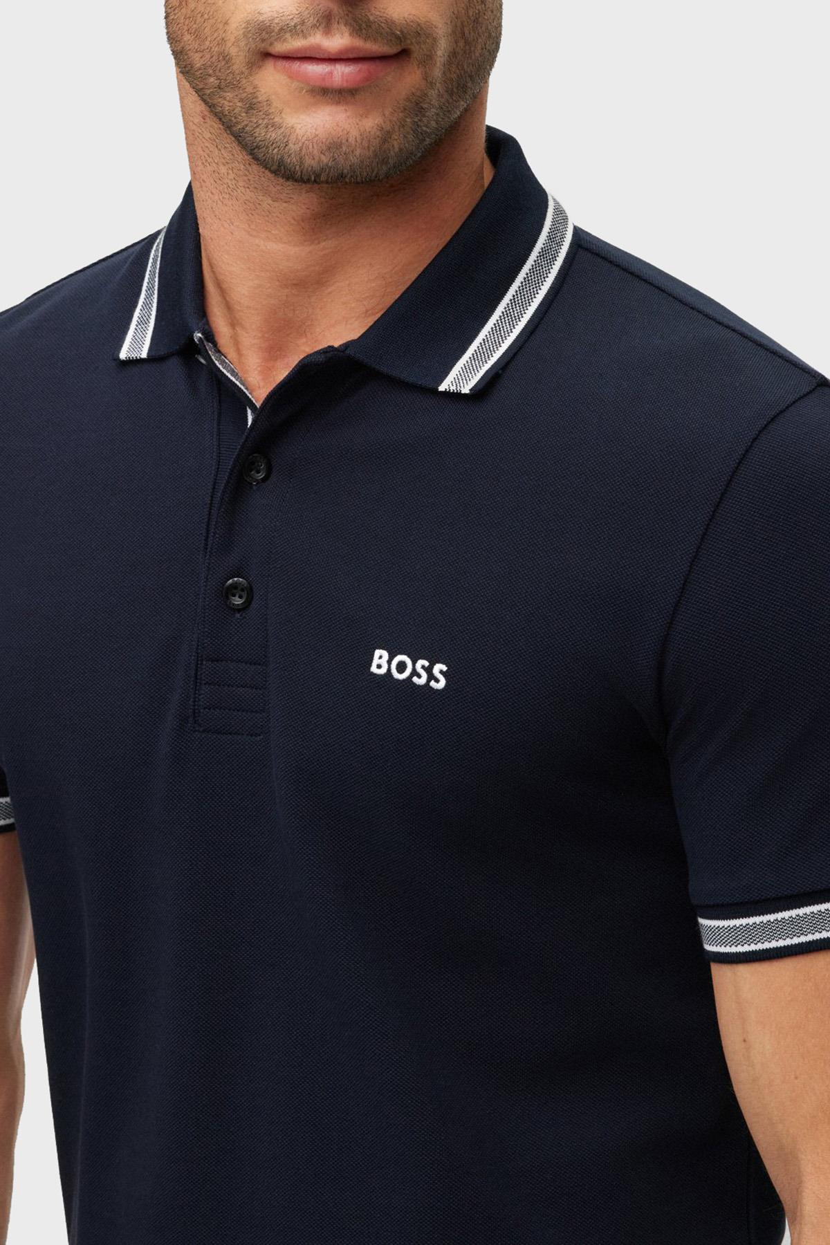 BOSS BOSS Erkek Kısa Kol  Polo Yaka Yaka Ve Kol Uçları Renkli Şerit Kapama Lacivert Polo Yaka T-Shirt 50469055-402