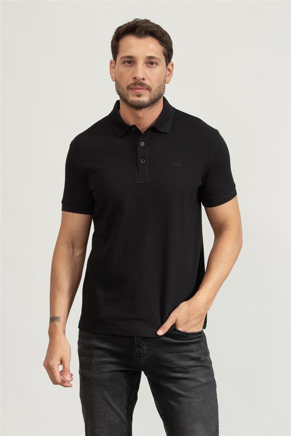 BOSS  BOSS Erkek Kısa Kol  Polo Yaka Yaka Ve Kol Uçları Renkli Şerit Kapama Siyah Polo Yaka T-Shirt 50469055-009