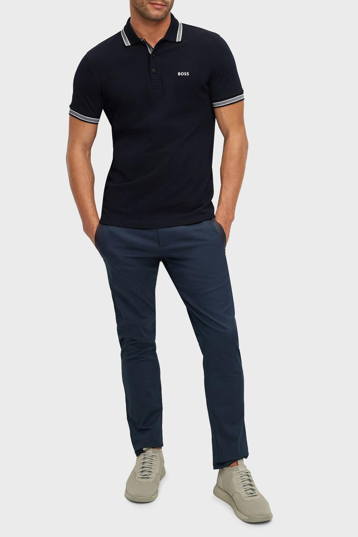 BOSS BOSS Erkek Kısa Kol  Polo Yaka Yaka Ve Kol Uçları Renkli Şerit Kapama Lacivert Polo Yaka T-Shirt 50469055-402