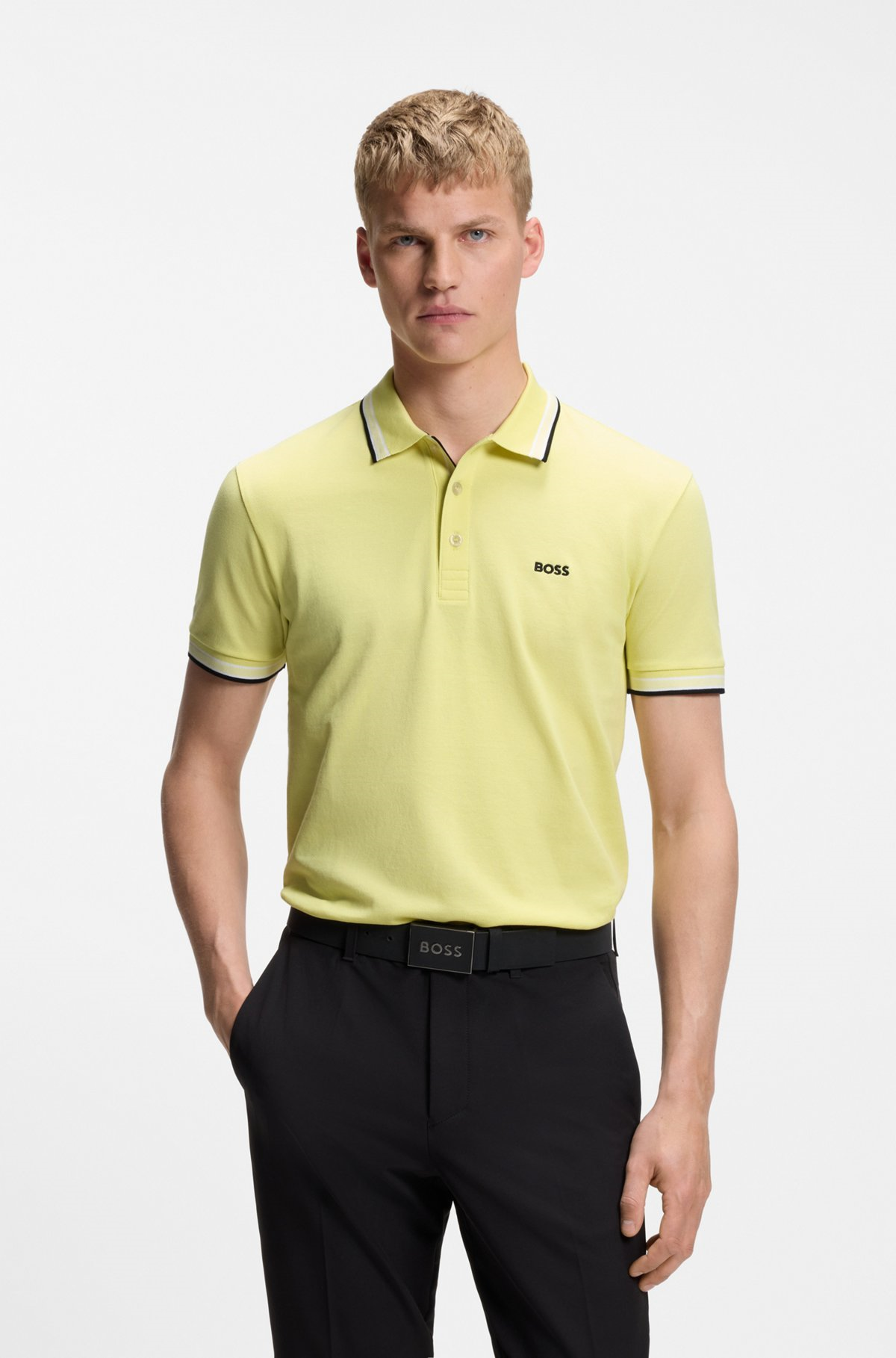BOSS  BOSS Erkek Kısa Kol  Polo Yaka Yaka Ve Kol Uçları Renkli Şerit Kapama Sarı Polo Yaka T-Shirt 50469055-758