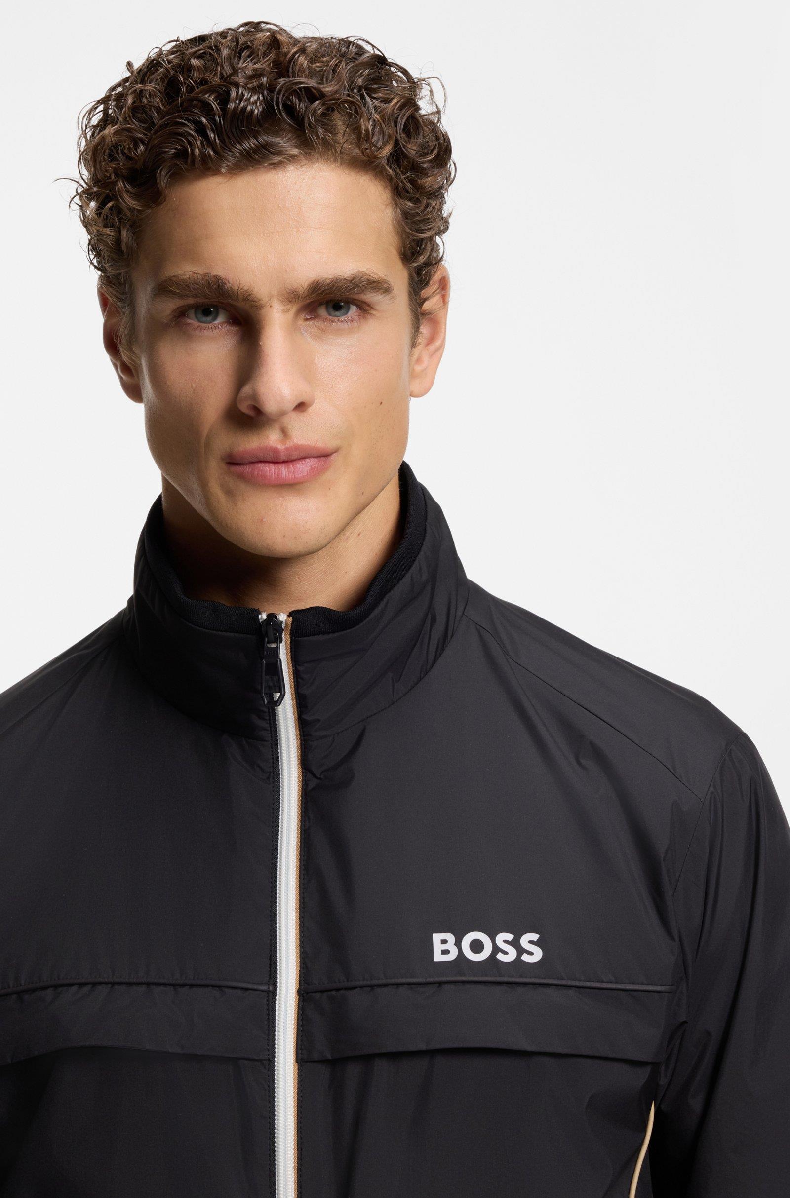 BOSS  BOSS Erkek Kontrast Şerit ve Logolu Normal Kesim Dik Yakalı Siyah Ceket 50551069-001