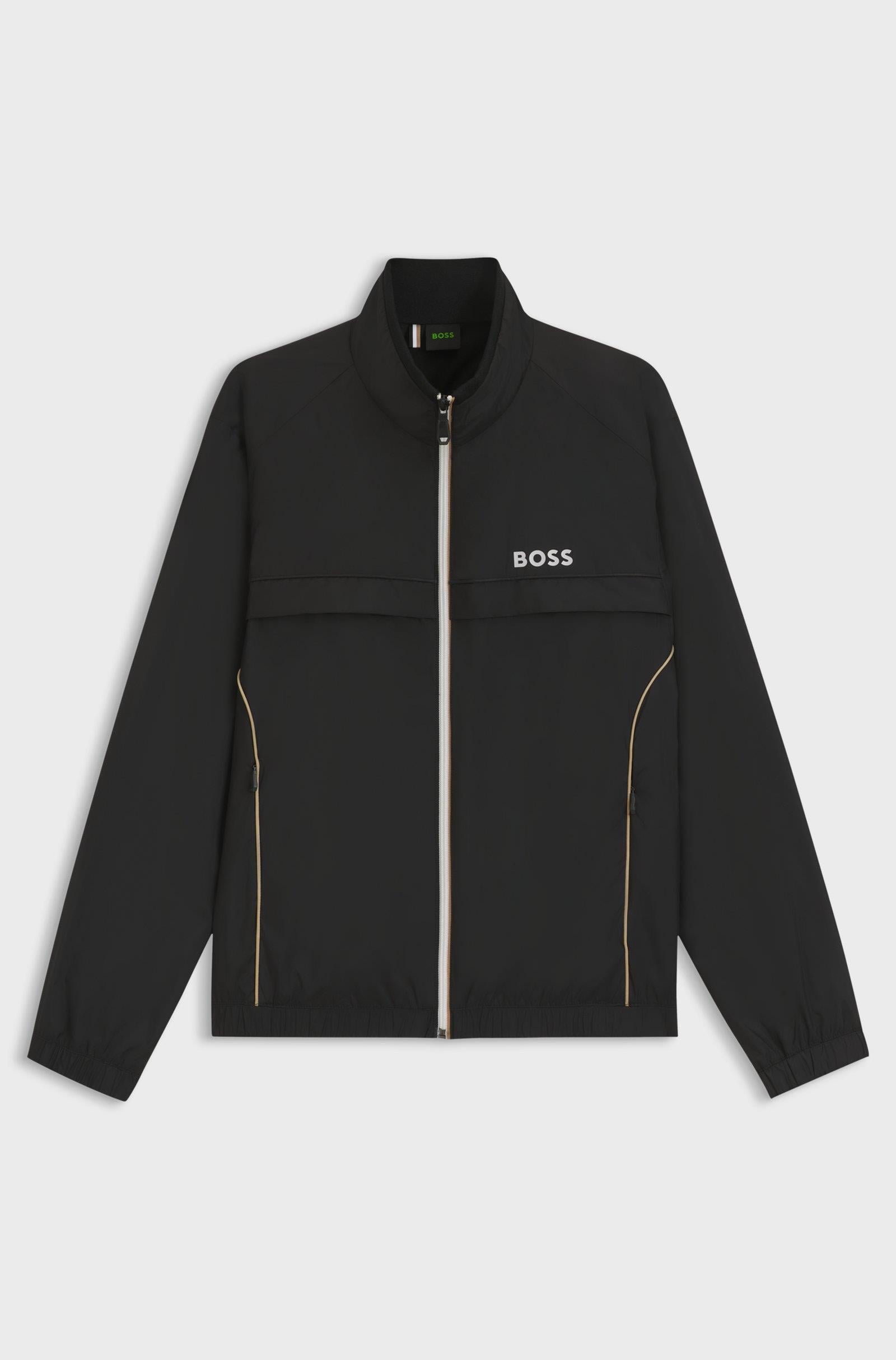 BOSS  BOSS Erkek Kontrast Şerit ve Logolu Normal Kesim Dik Yakalı Siyah Ceket 50551069-001