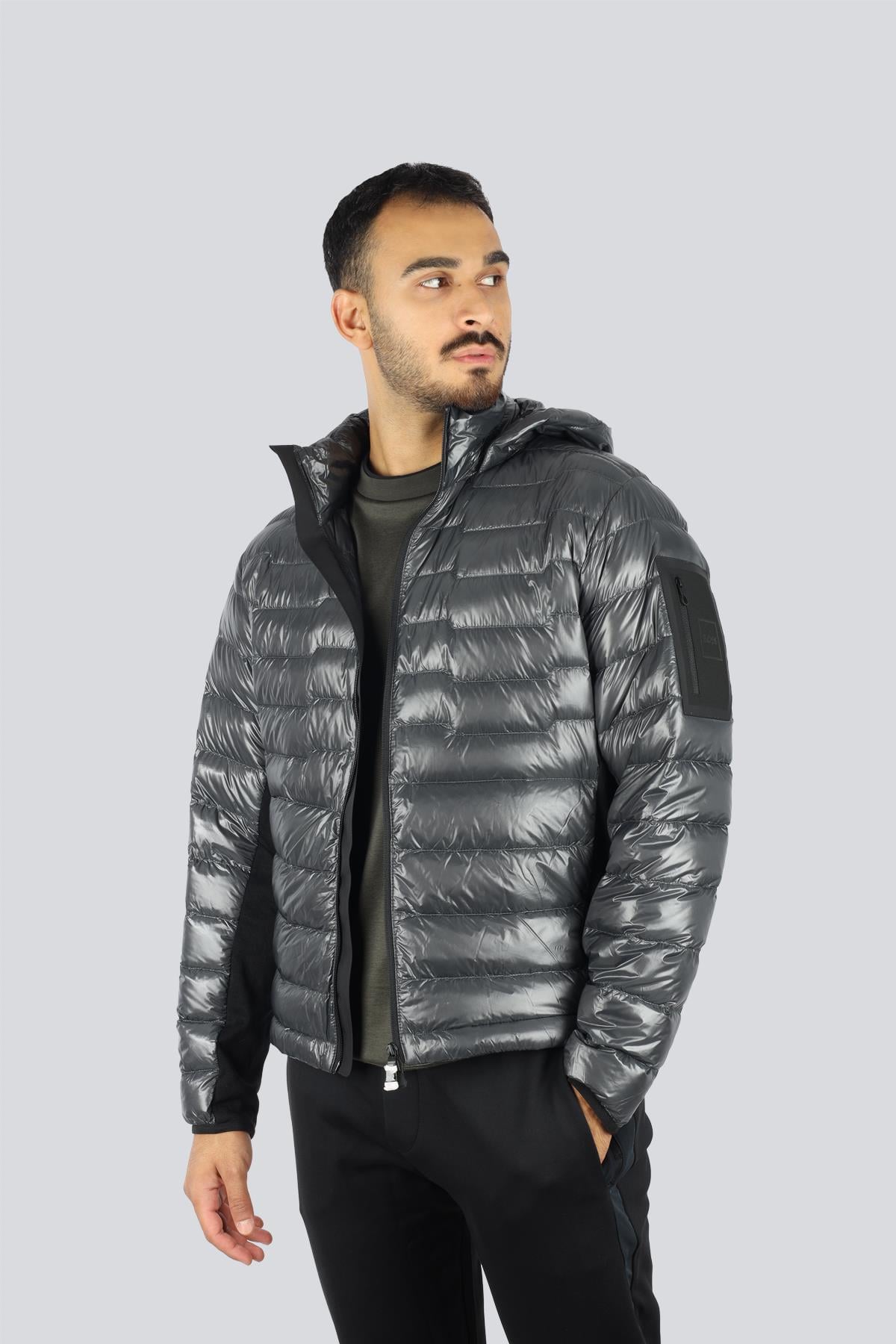 BOSS  BOSS Erkek Kuş Tüyü Dolgulu Kapüşonlu Uzun Kollu Gri Mont 50541299-027